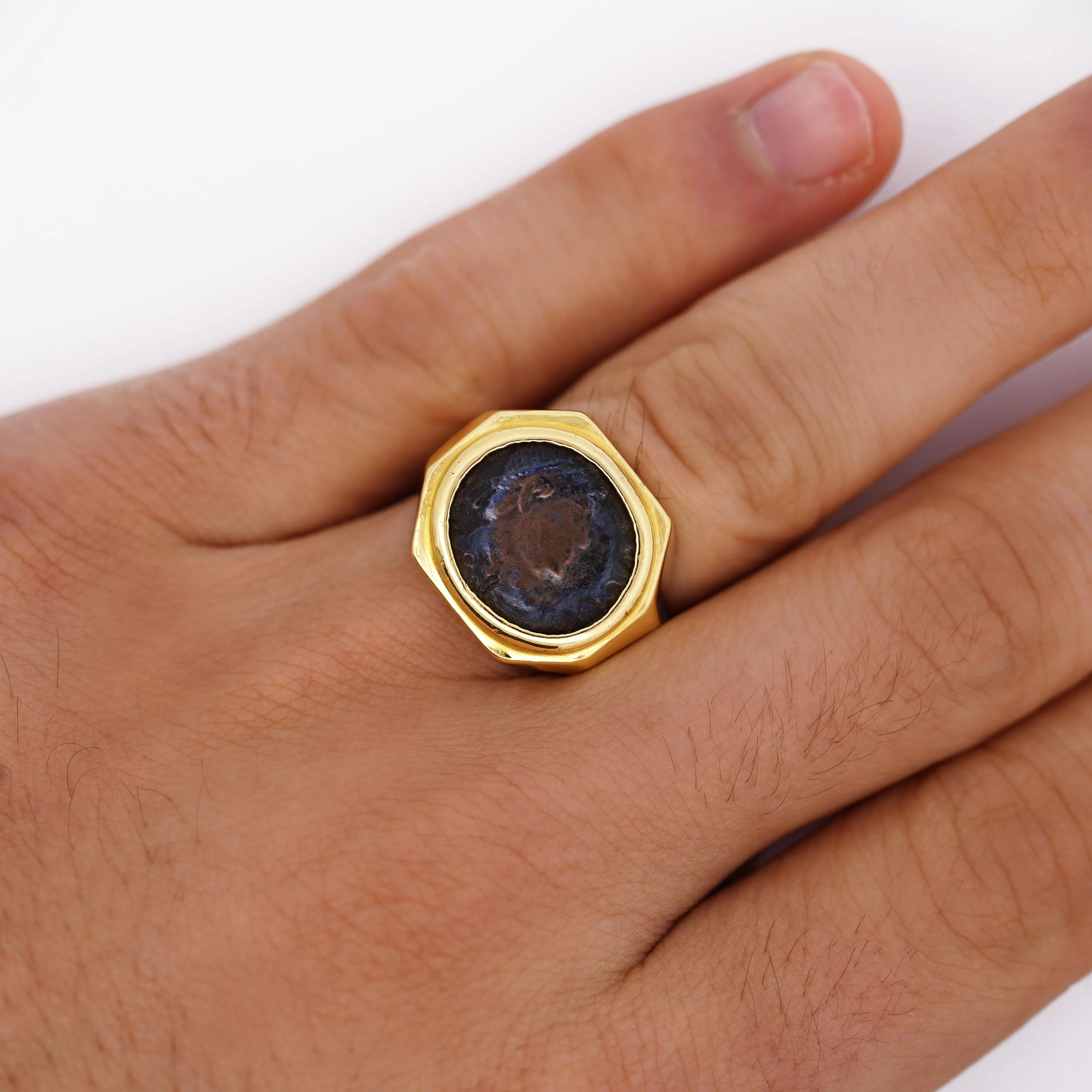 18K Gold Early Christian Roman Biblical Coin Men's Ring - Image 4