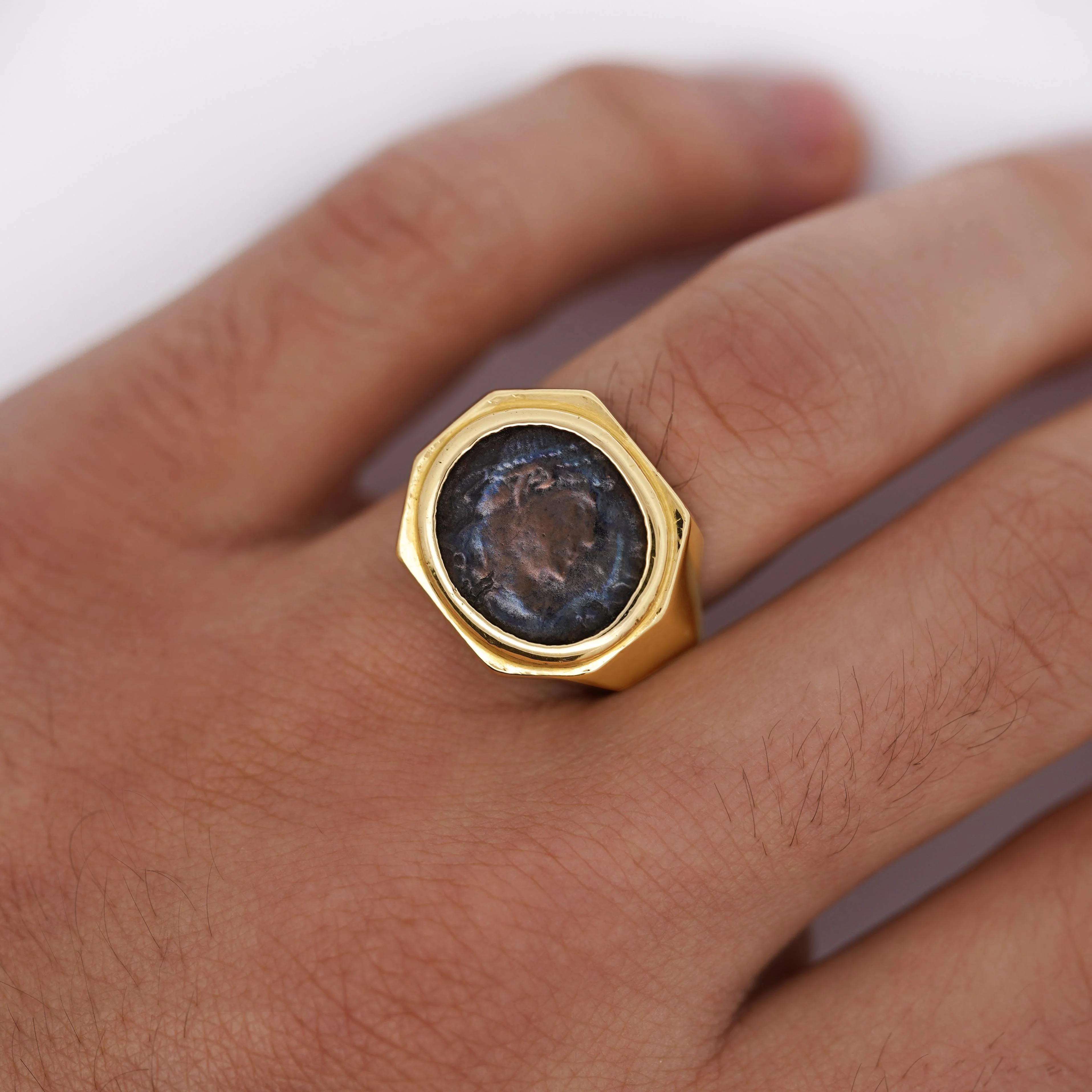 18K Gold Early Christian Roman Biblical Coin Men's Ring - Image 9
