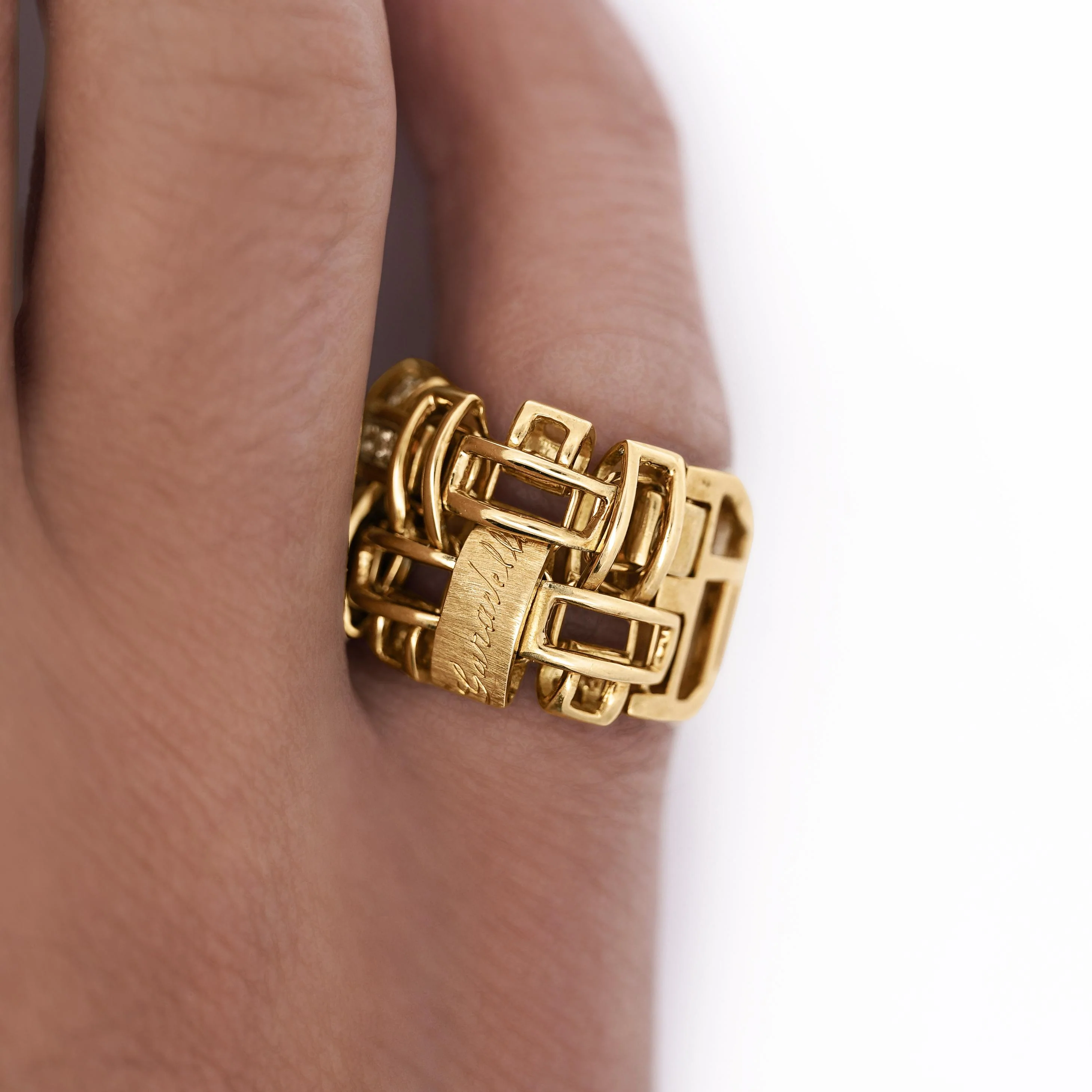18K Gold Garavelli Signed Men's Italian Diamond Cage Link Ring - Image 6