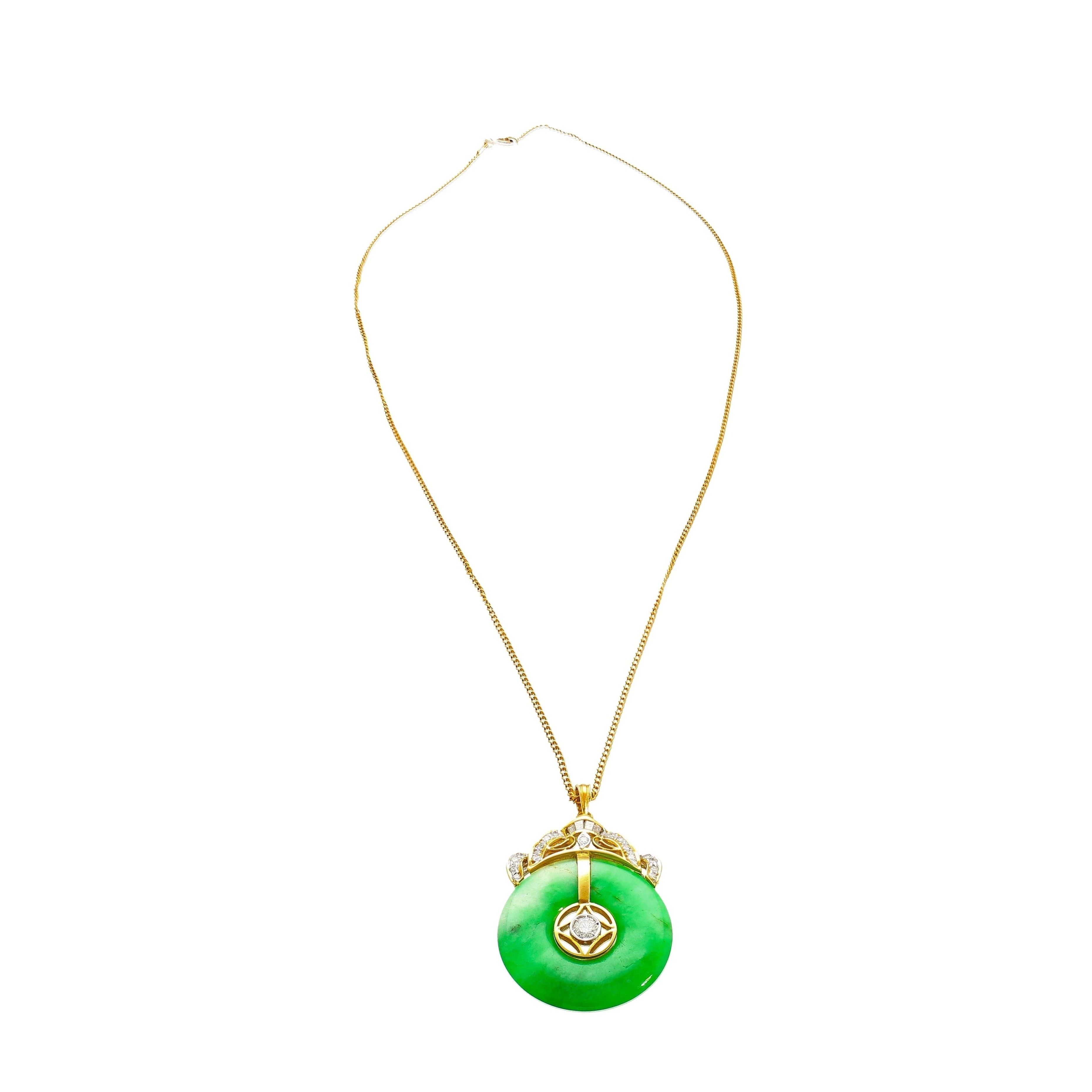 18K Gold Jadeite Jade Disc Pendant Necklace with Circular Jade and Baguette With Round Cut Diamonds - Image 5