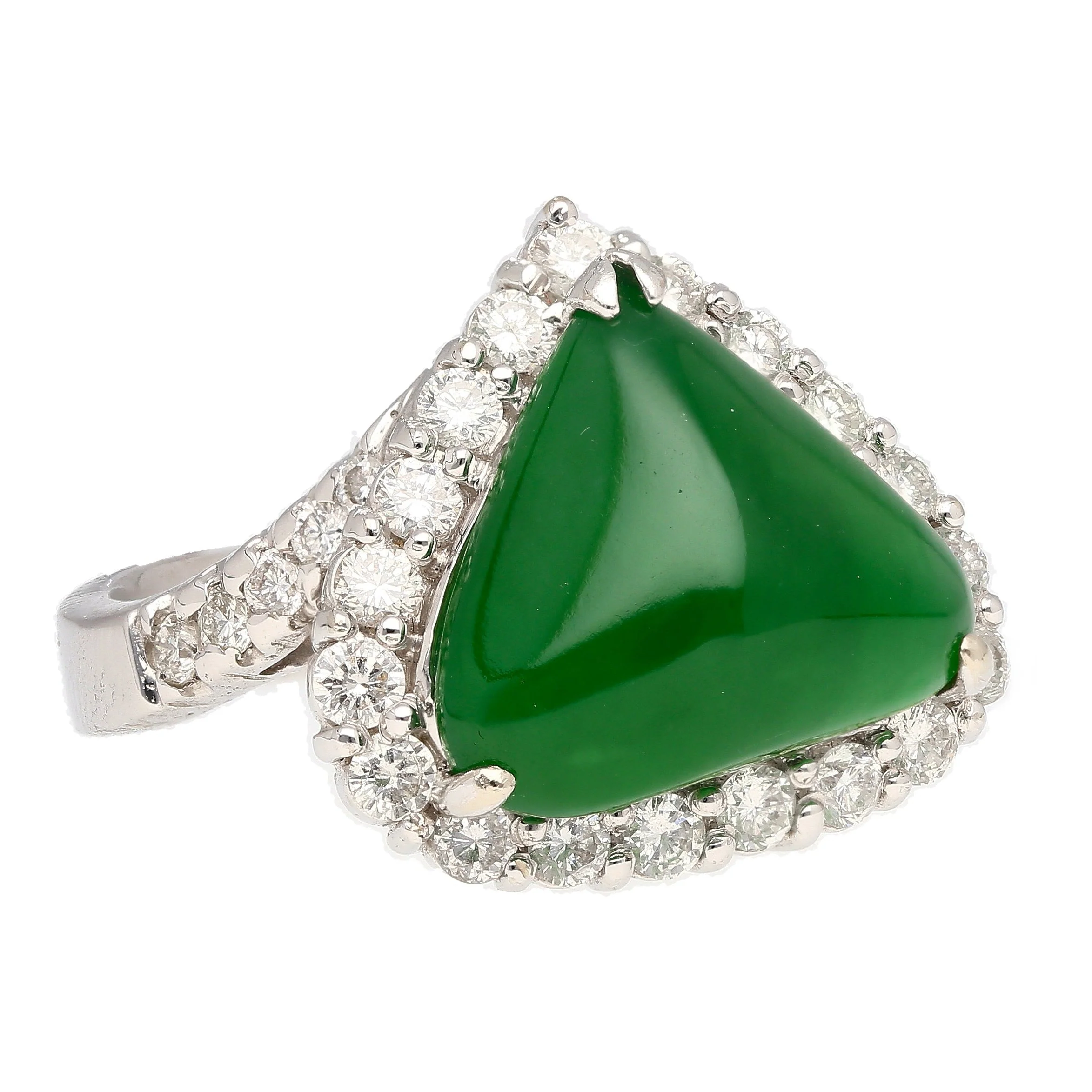 18K White Gold Type A Jadeite Jade Cabochon Cut Triangle Shape and Diamond Halo Ring - Image 2