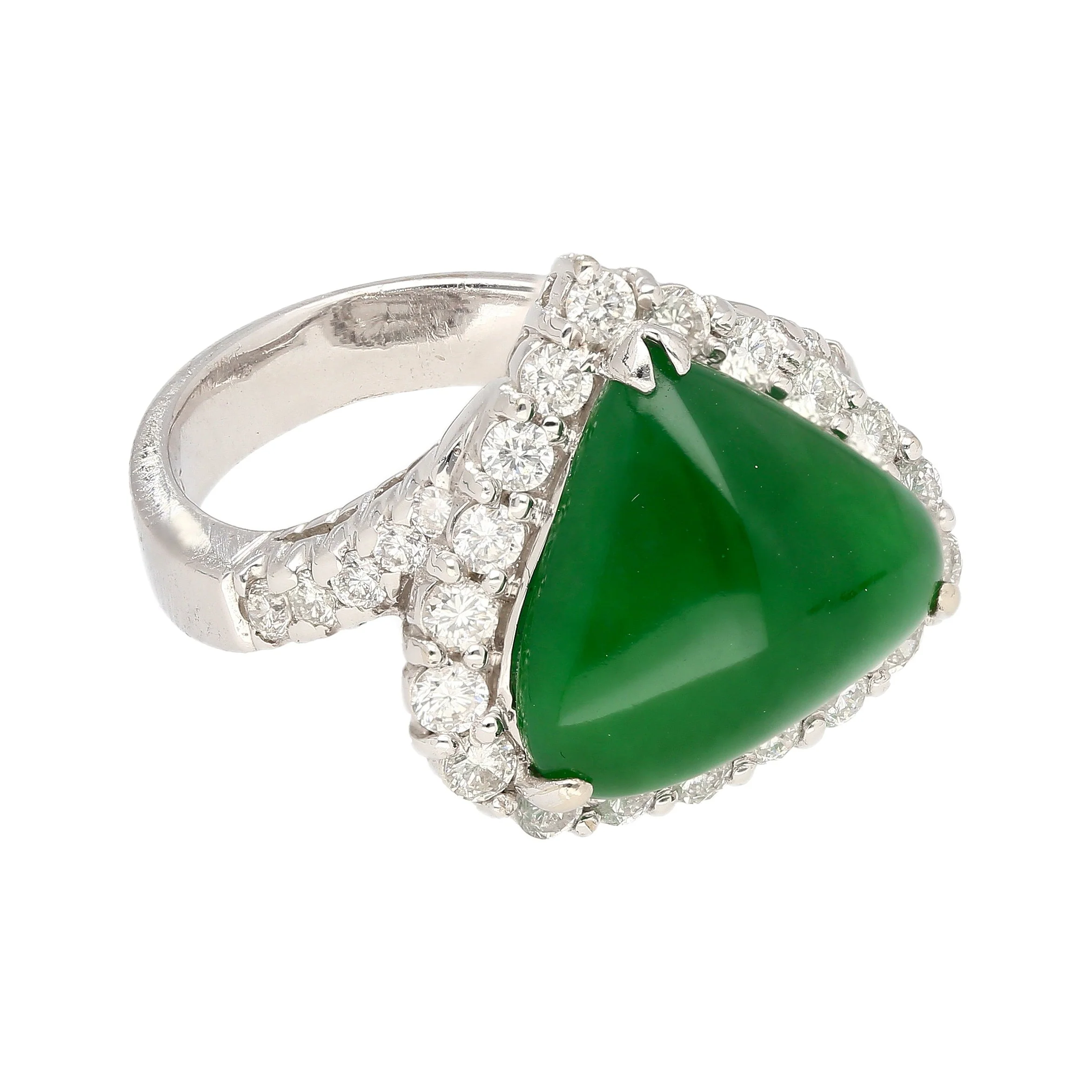 18K White Gold Type A Jadeite Jade Cabochon Cut Triangle Shape and Diamond Halo Ring - Image 3