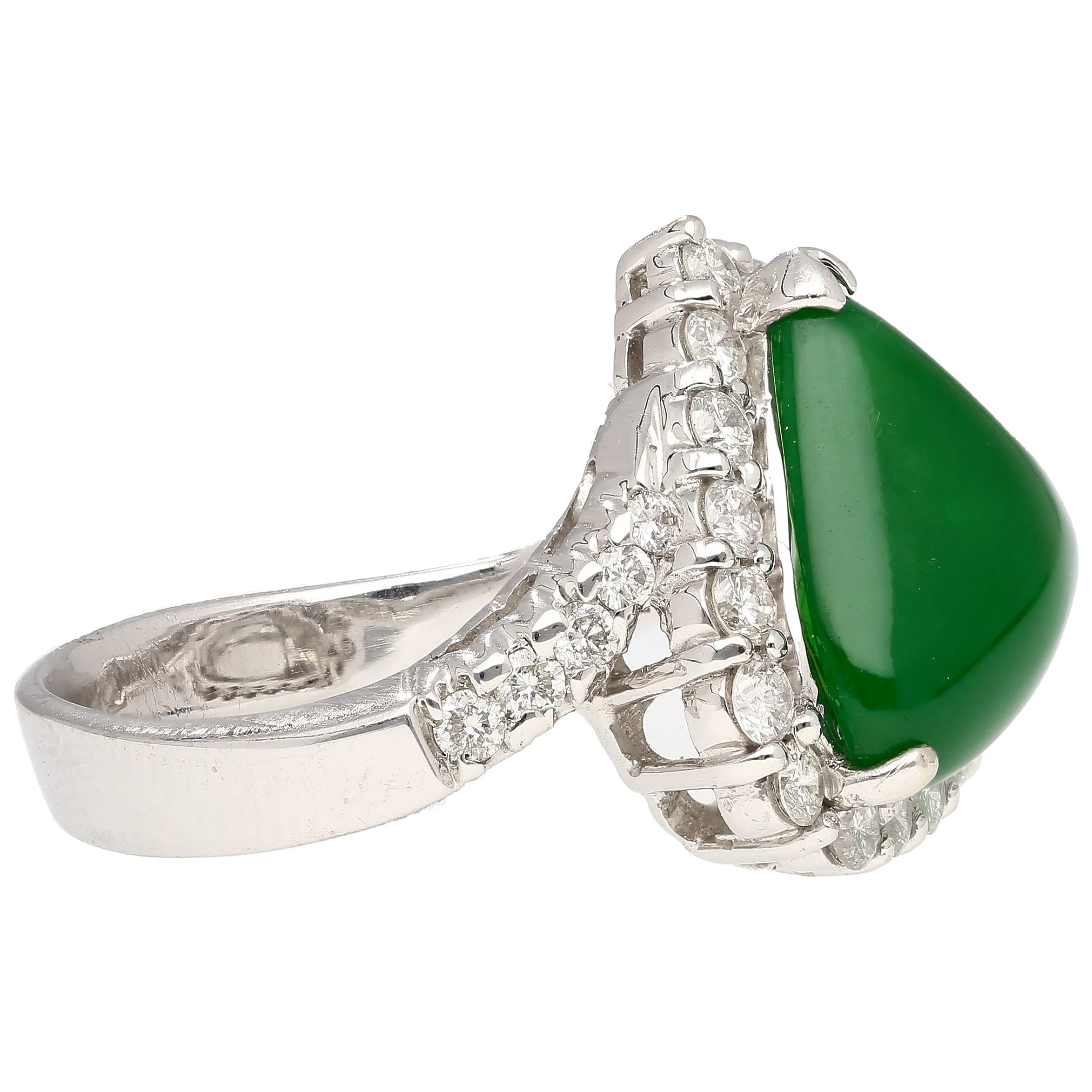 18K White Gold Type A Jadeite Jade Cabochon Cut Triangle Shape and Diamond Halo Ring - Image 5
