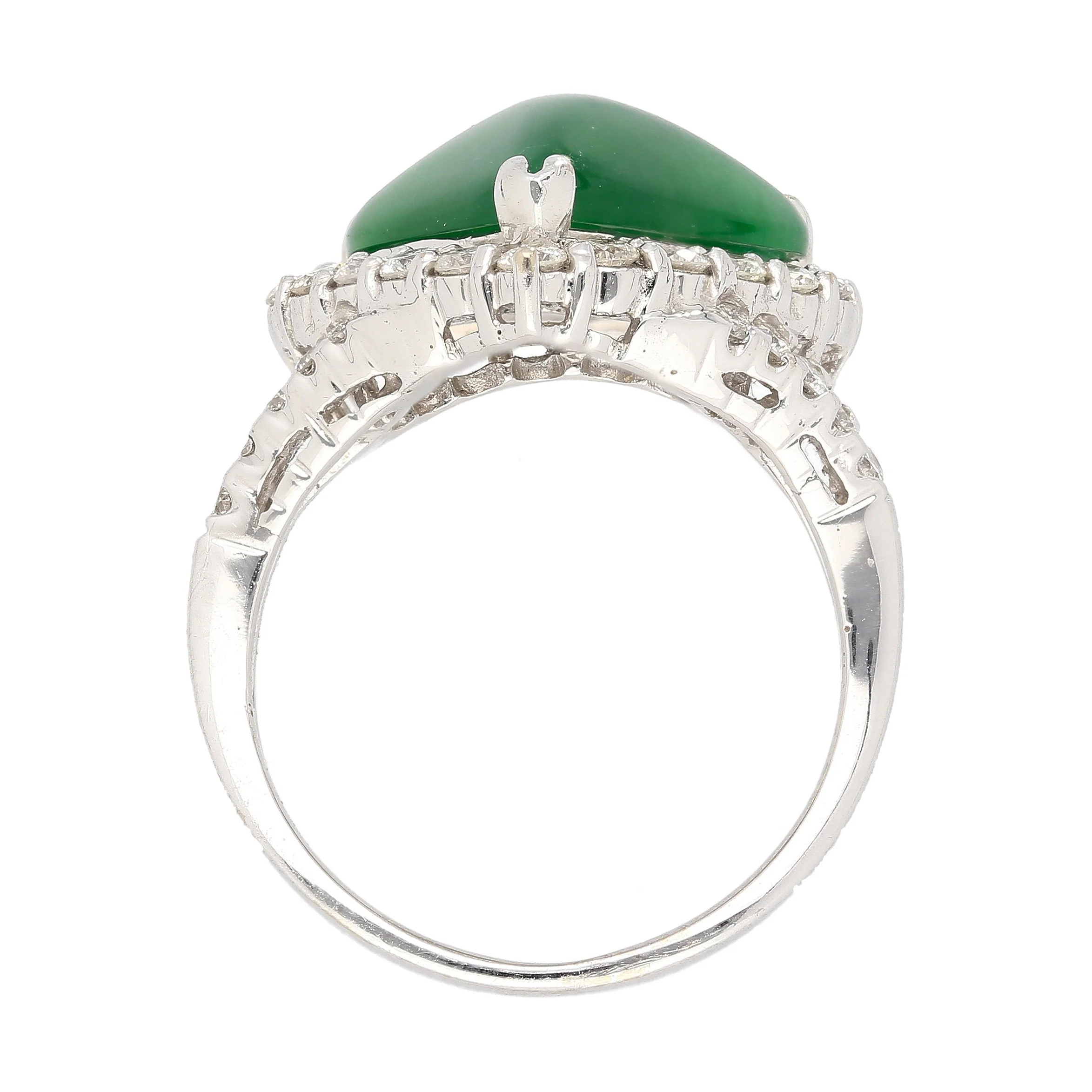 18K White Gold Type A Jadeite Jade Cabochon Cut Triangle Shape and Diamond Halo Ring - Image 6