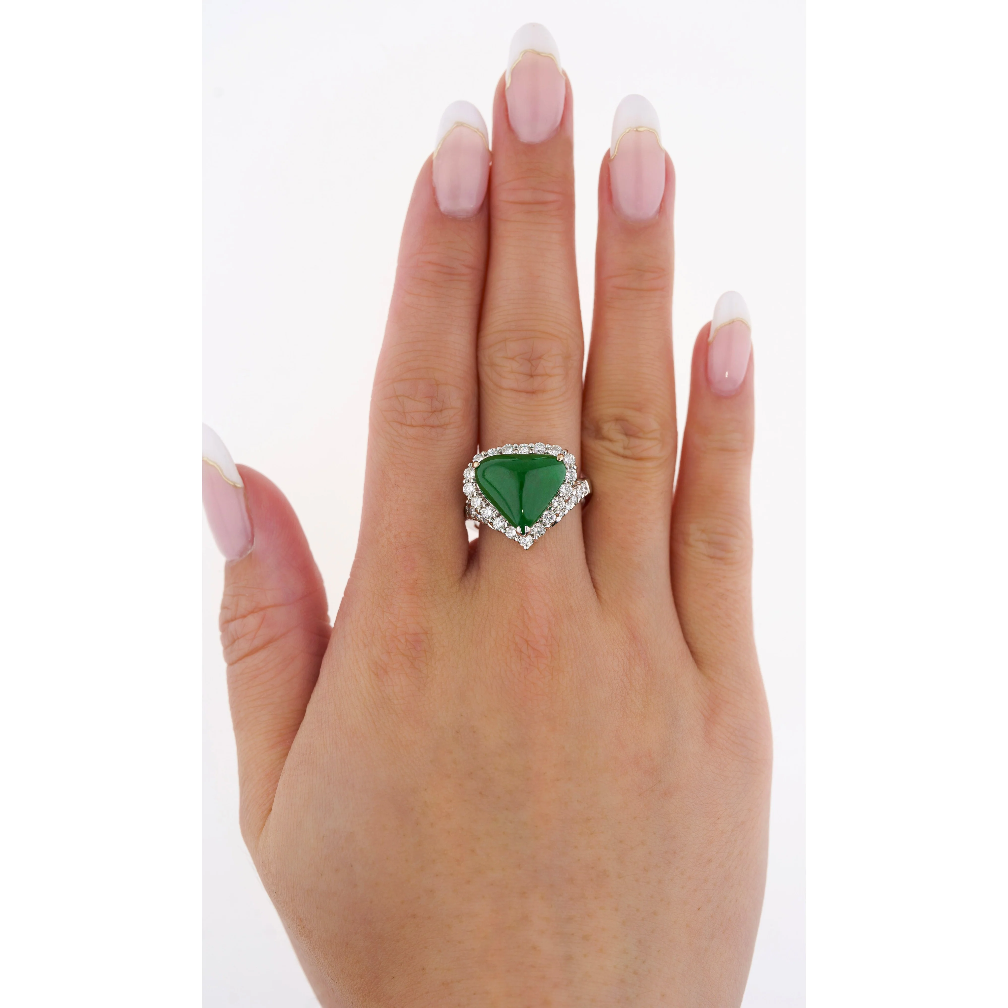 18K White Gold Type A Jadeite Jade Cabochon Cut Triangle Shape and Diamond Halo Ring - Image 7