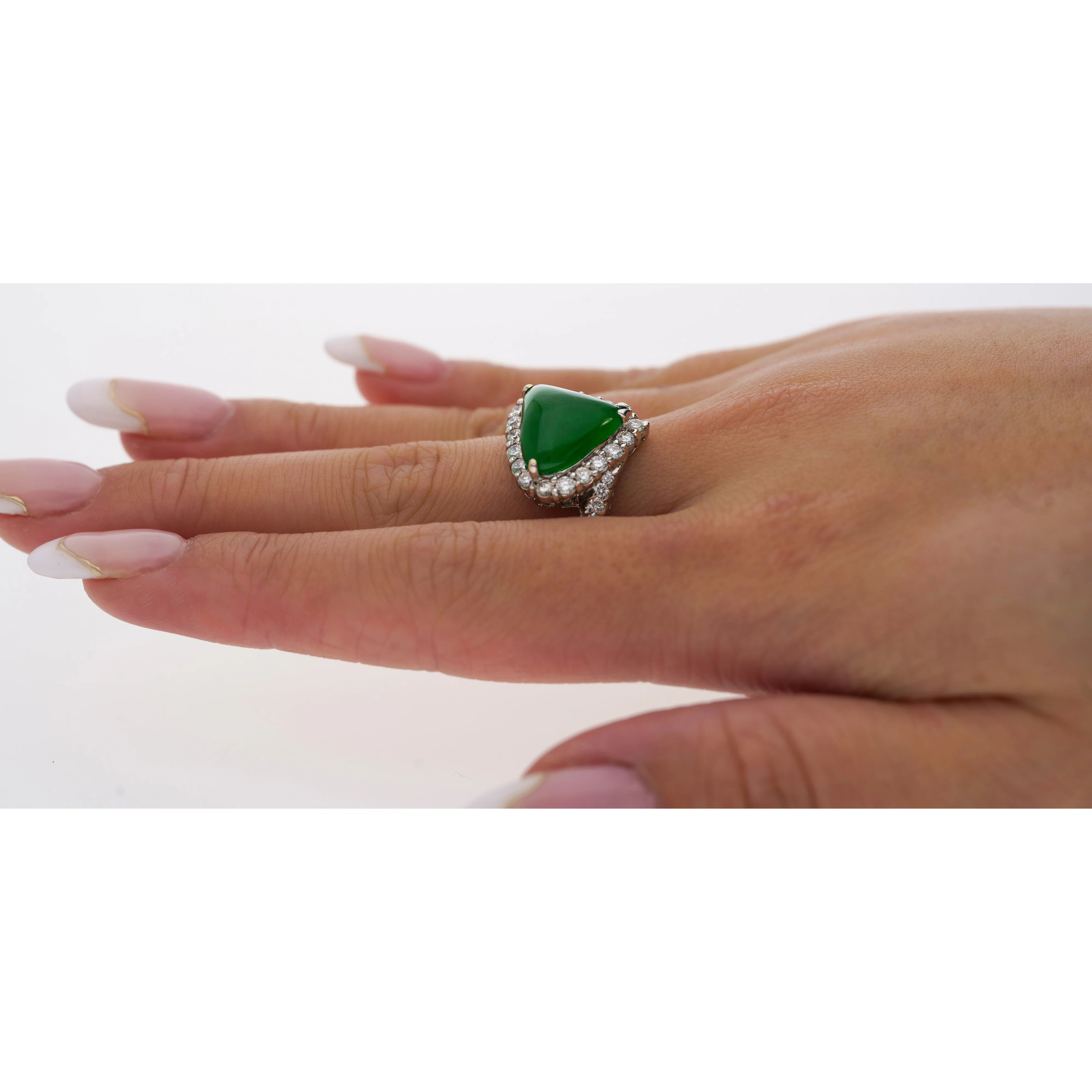 18K White Gold Type A Jadeite Jade Cabochon Cut Triangle Shape and Diamond Halo Ring - Image 8