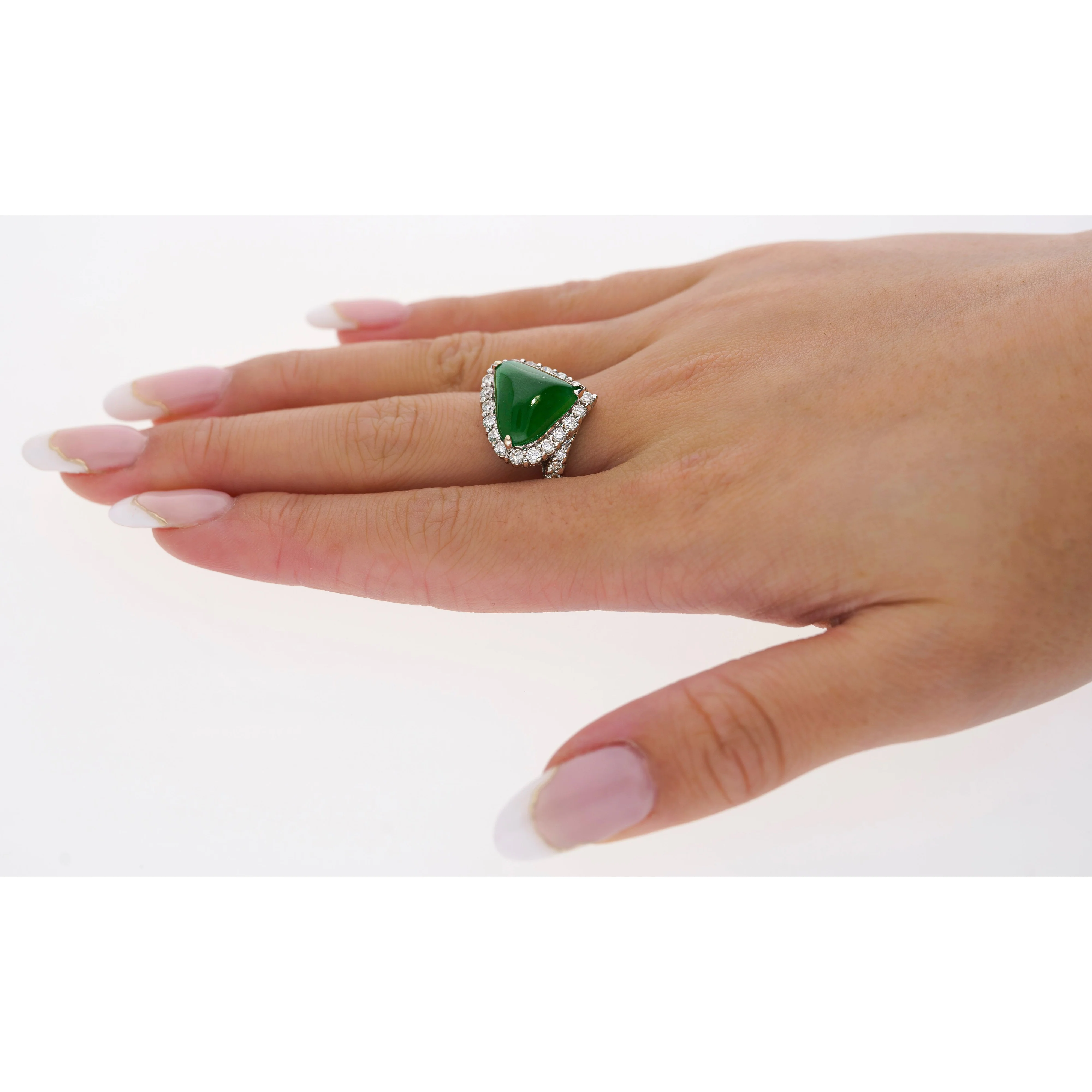 18K White Gold Type A Jadeite Jade Cabochon Cut Triangle Shape and Diamond Halo Ring - Image 9