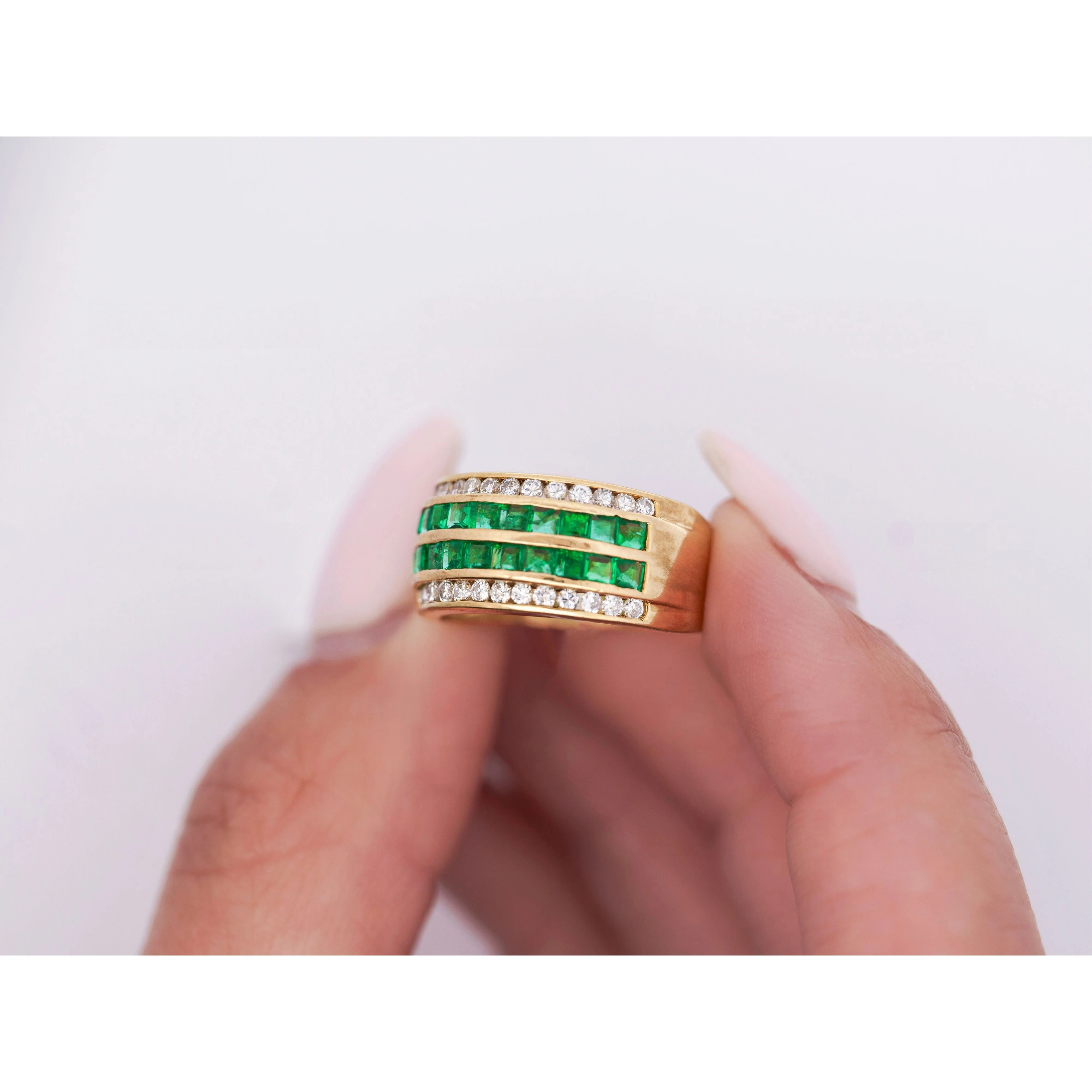 18K Gold Square Emerald and Round Diamond Channel Set Band Ring - Image 5