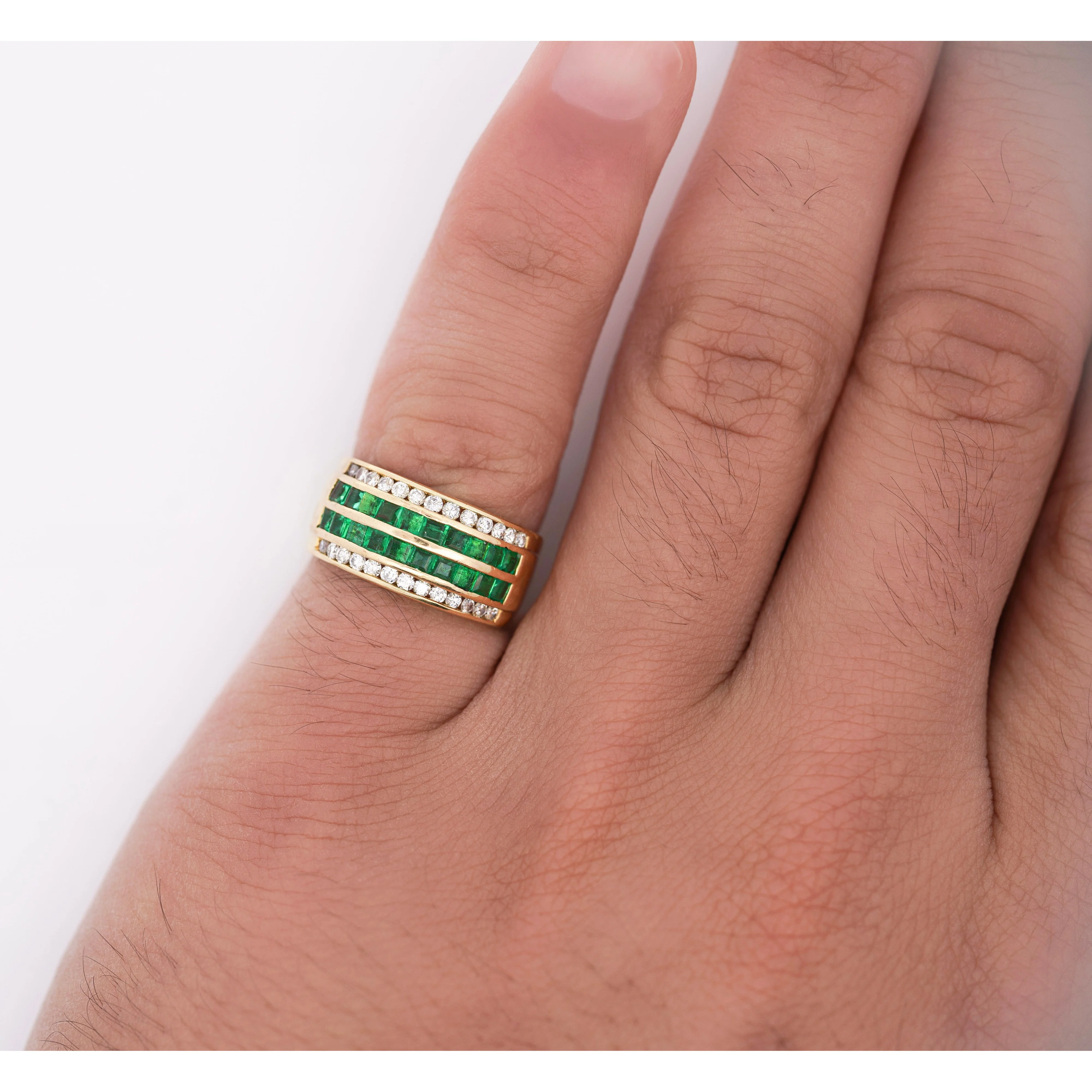 18K Gold Square Emerald and Round Diamond Channel Set Band Ring - Image 6