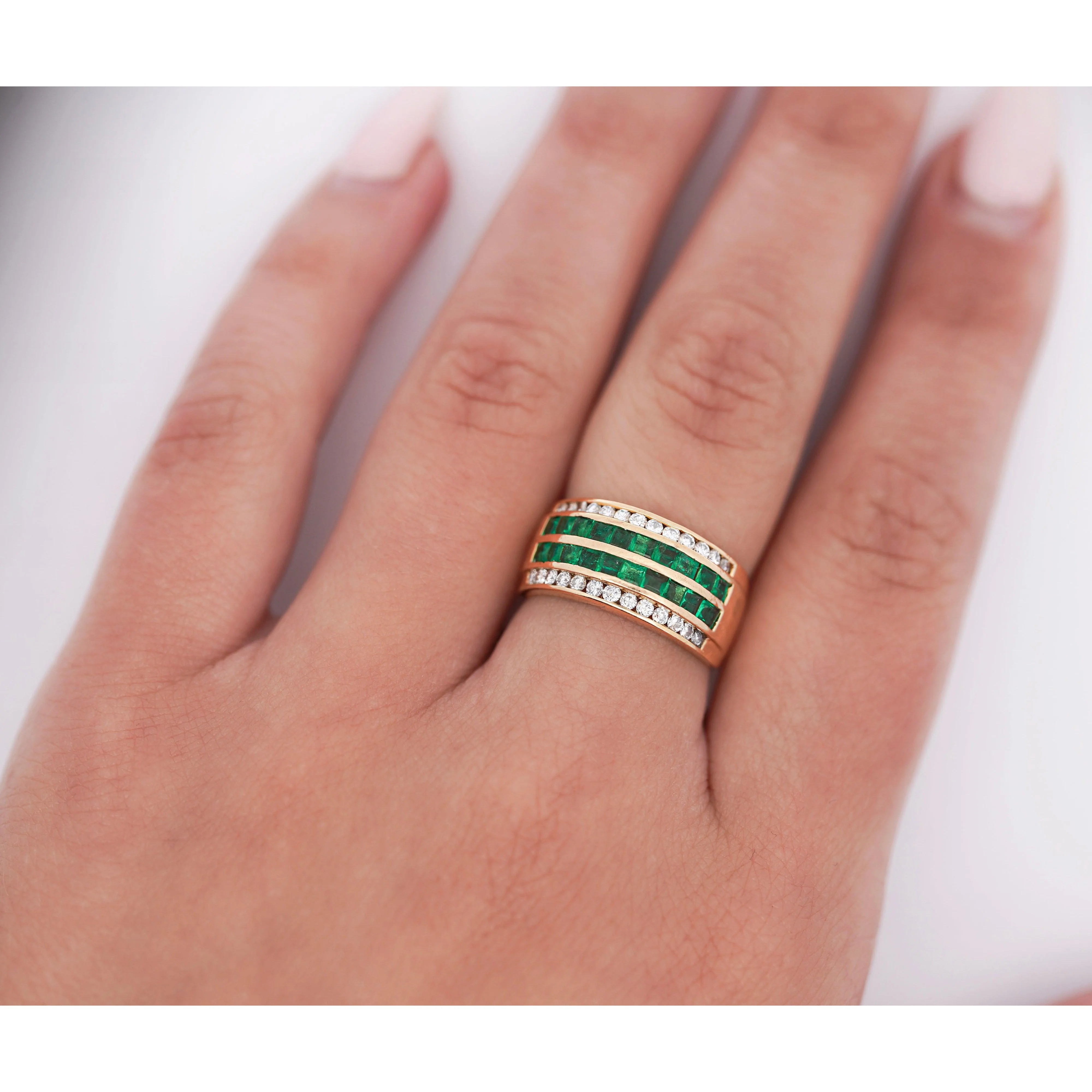 18K Gold Square Emerald and Round Diamond Channel Set Band Ring - Image 7