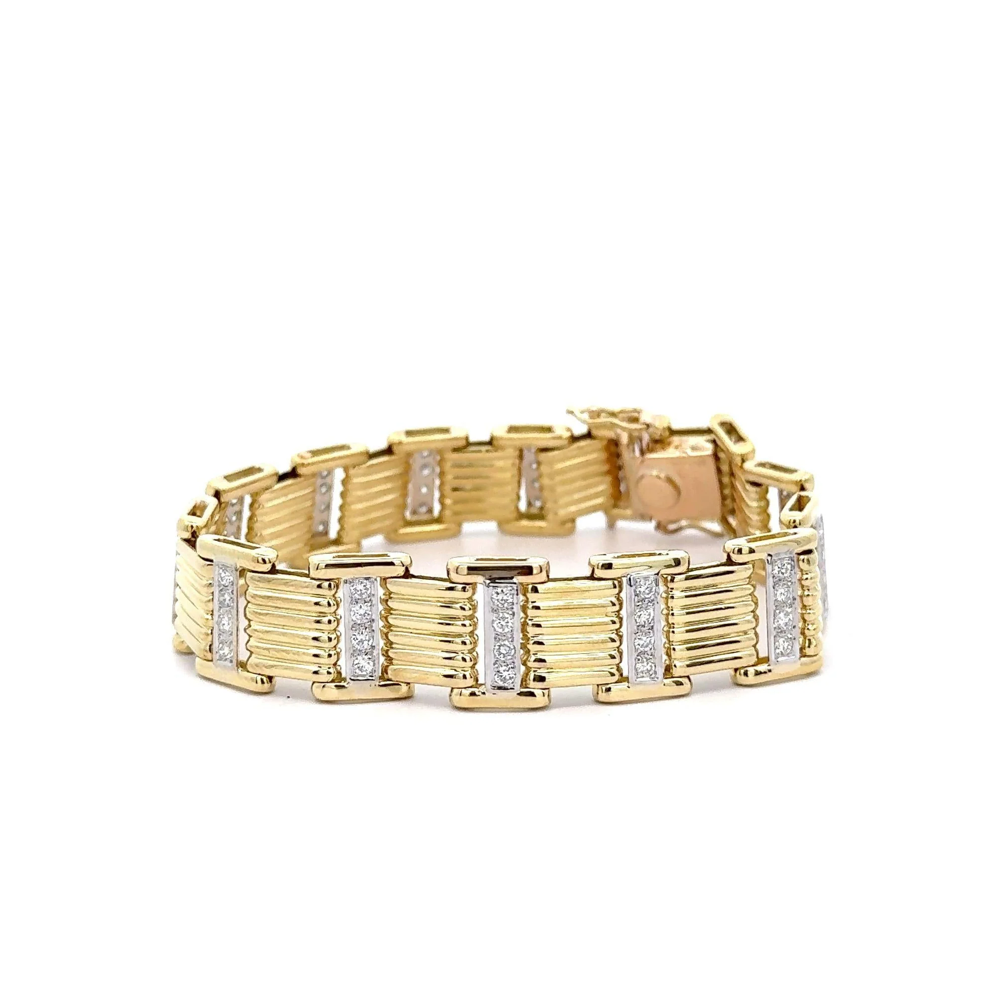 18K Gold Square Link 2-Tone Diamond Mens Bracelet - Image 3