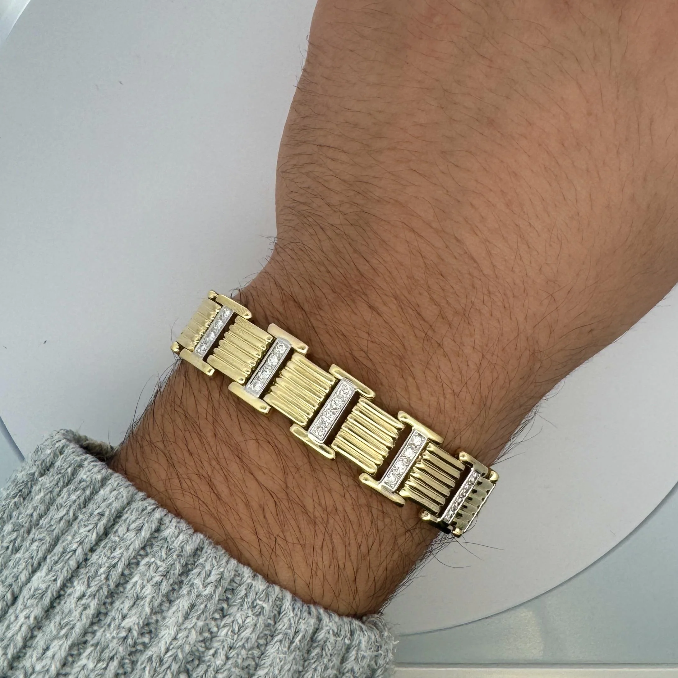 18K Gold Square Link 2-Tone Diamond Mens Bracelet - Image 6