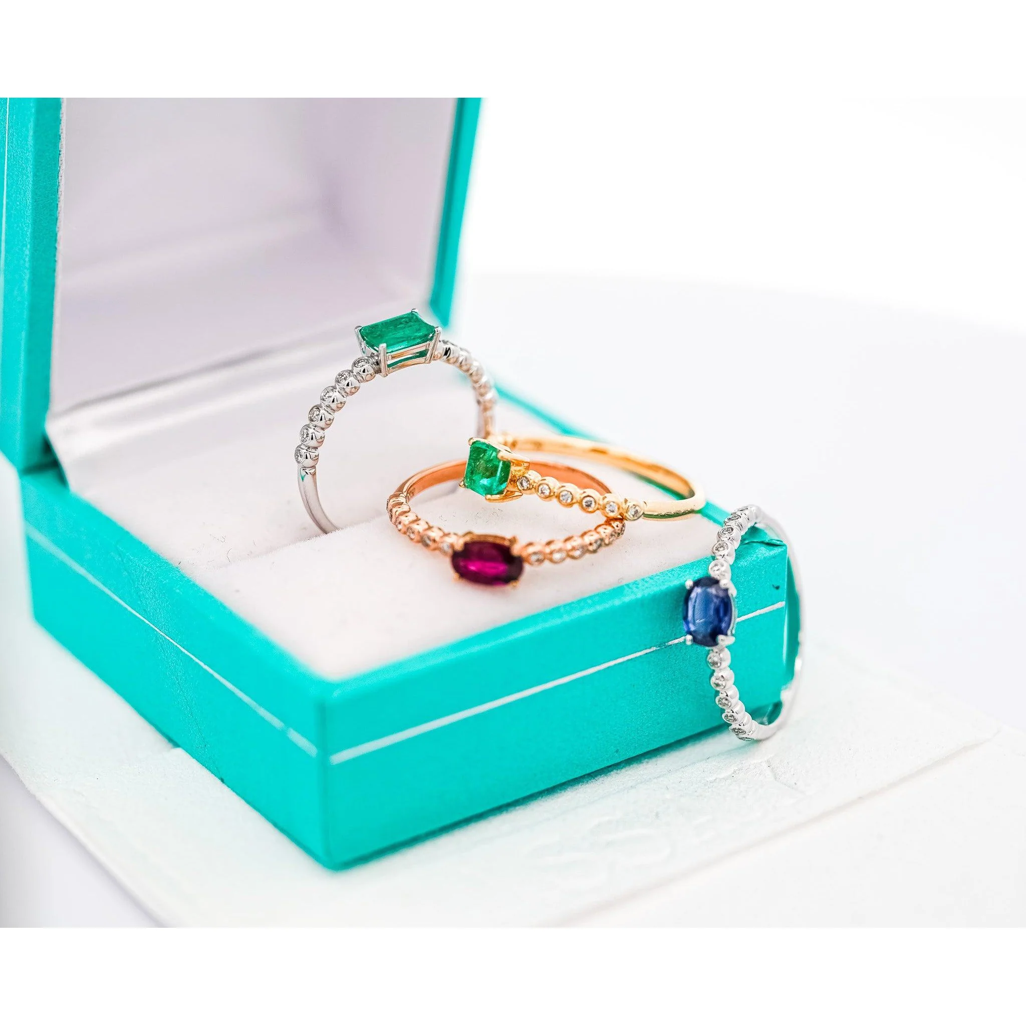 18K Solid Gold Thin Ribbed Textured Band Emerald, Ruby, Or Sapphire Ring - Image 4