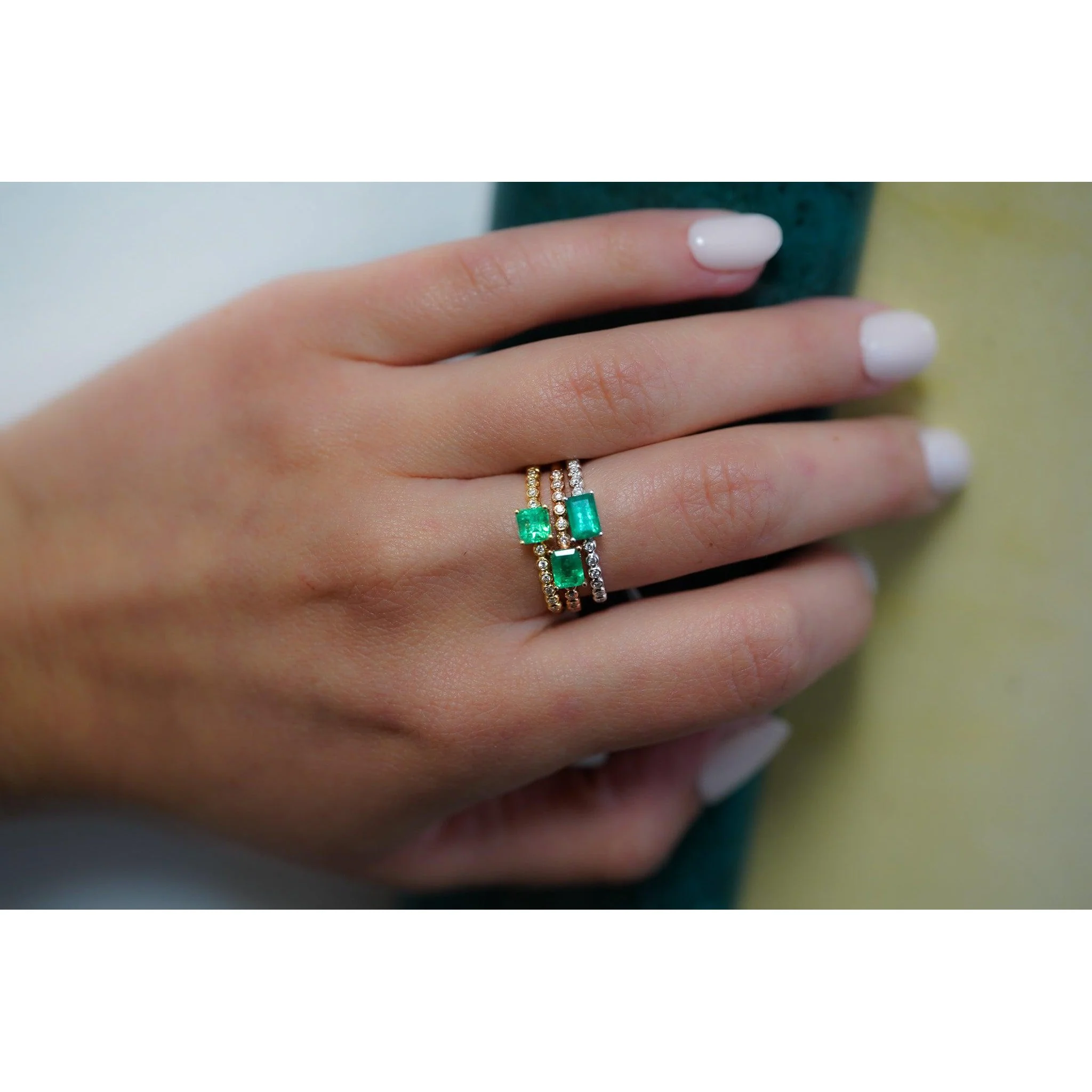 18K Solid Gold Thin Ribbed Textured Band Emerald, Ruby, Or Sapphire Ring - Image 6