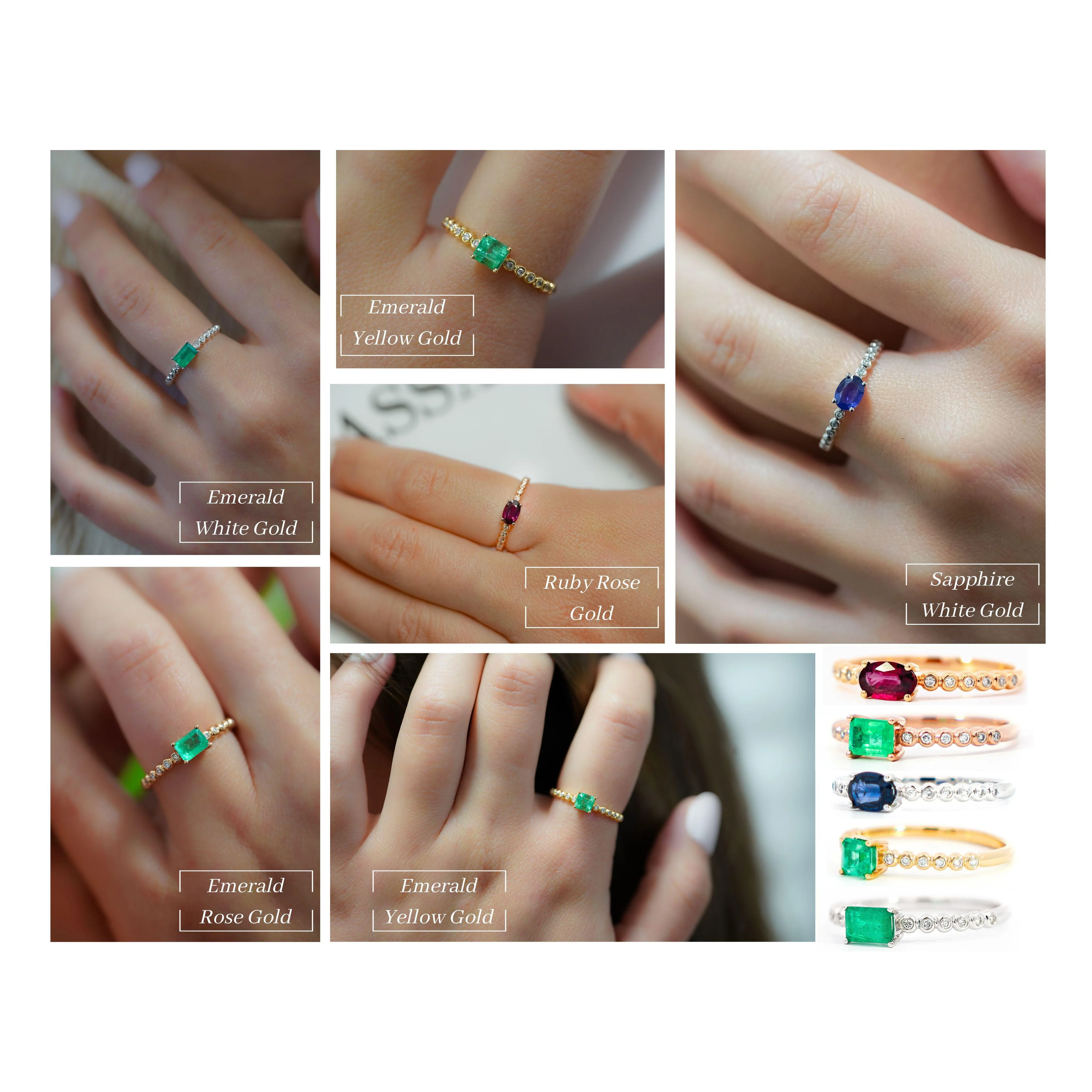 18K Solid Gold Thin Ribbed Textured Band Emerald, Ruby, Or Sapphire Ring - Image 8