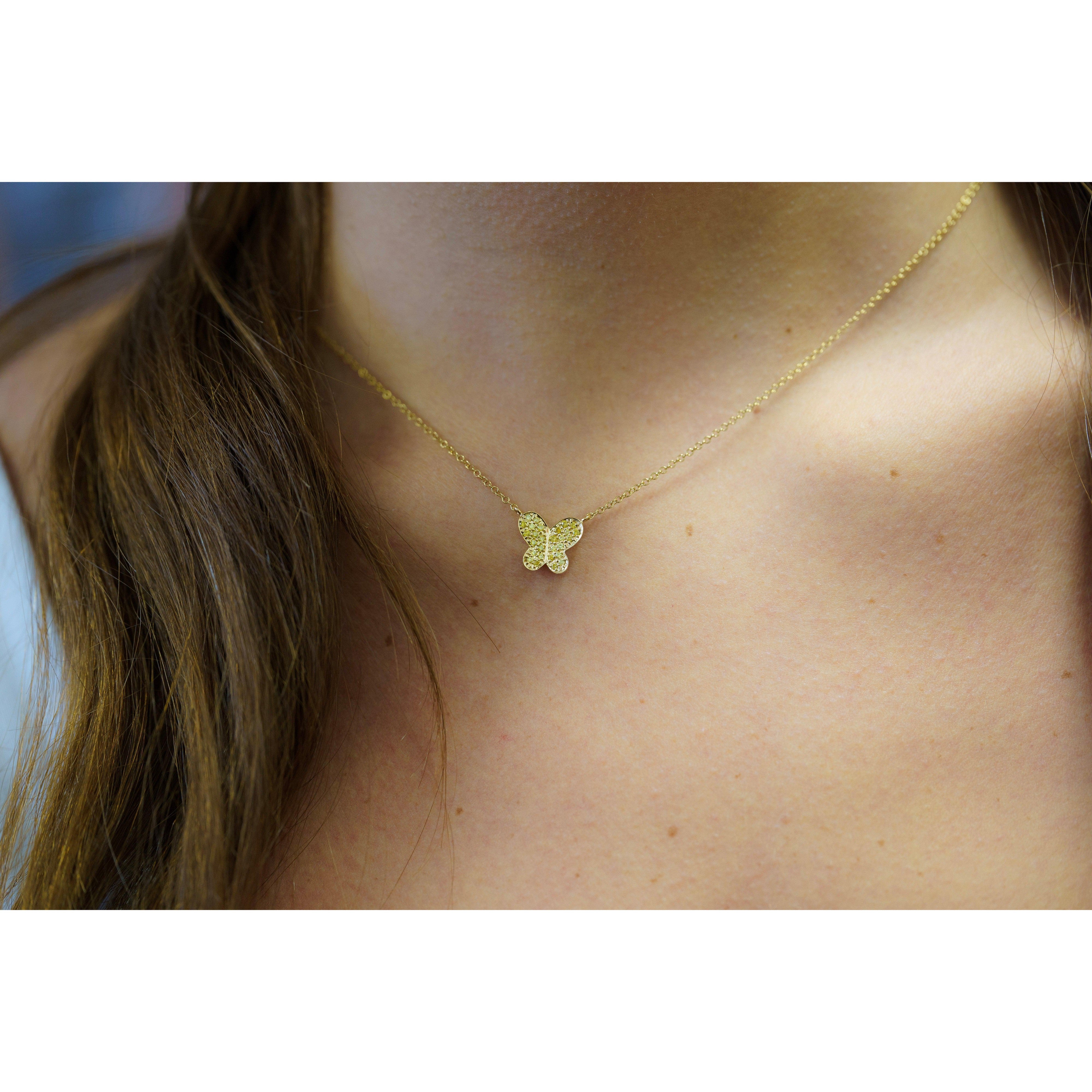 Natural Fancy Yellow Diamond 18K Gold Butterfly Charm Floating Necklace - Image 2
