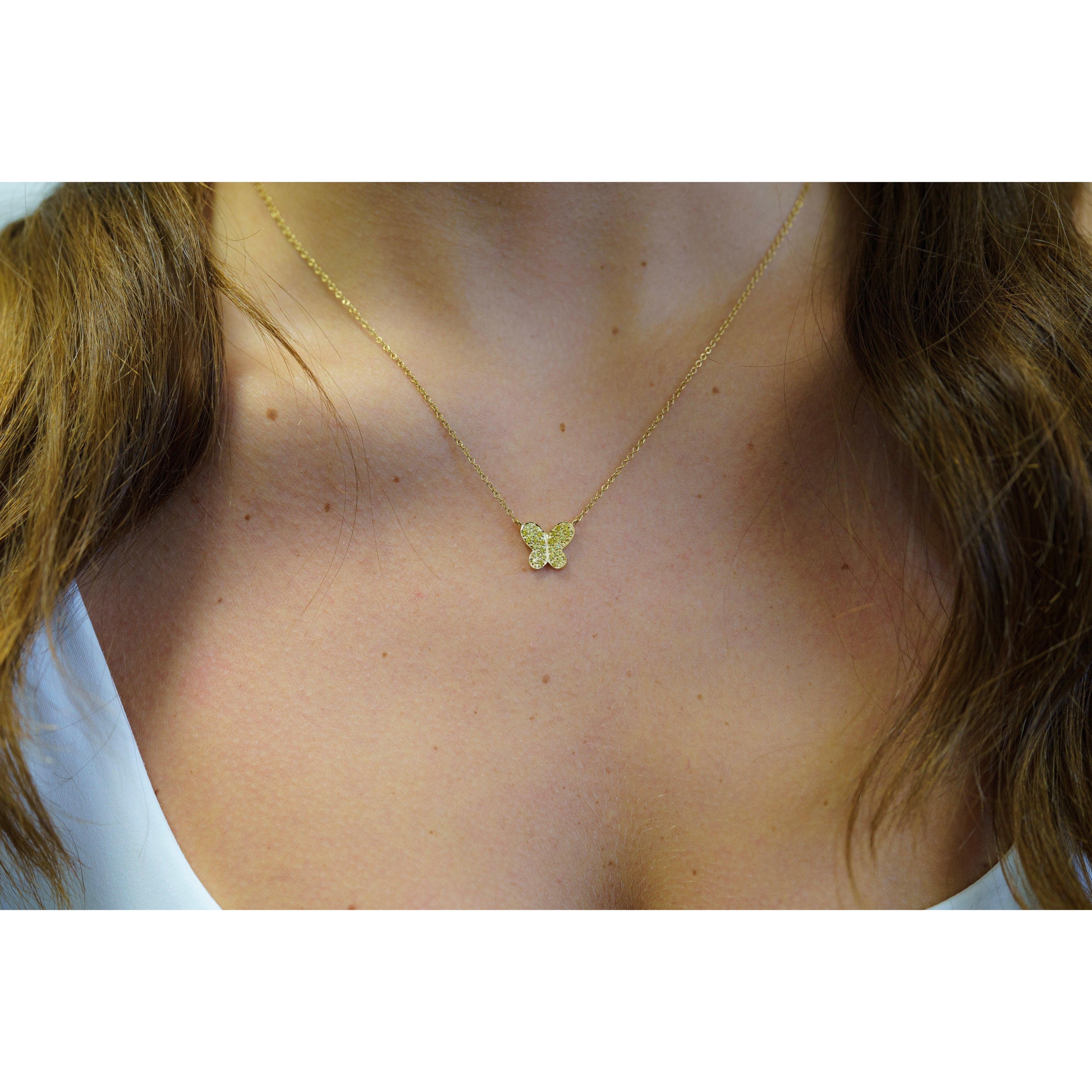 Natural Fancy Yellow Diamond 18K Gold Butterfly Charm Floating Necklace - Image 4