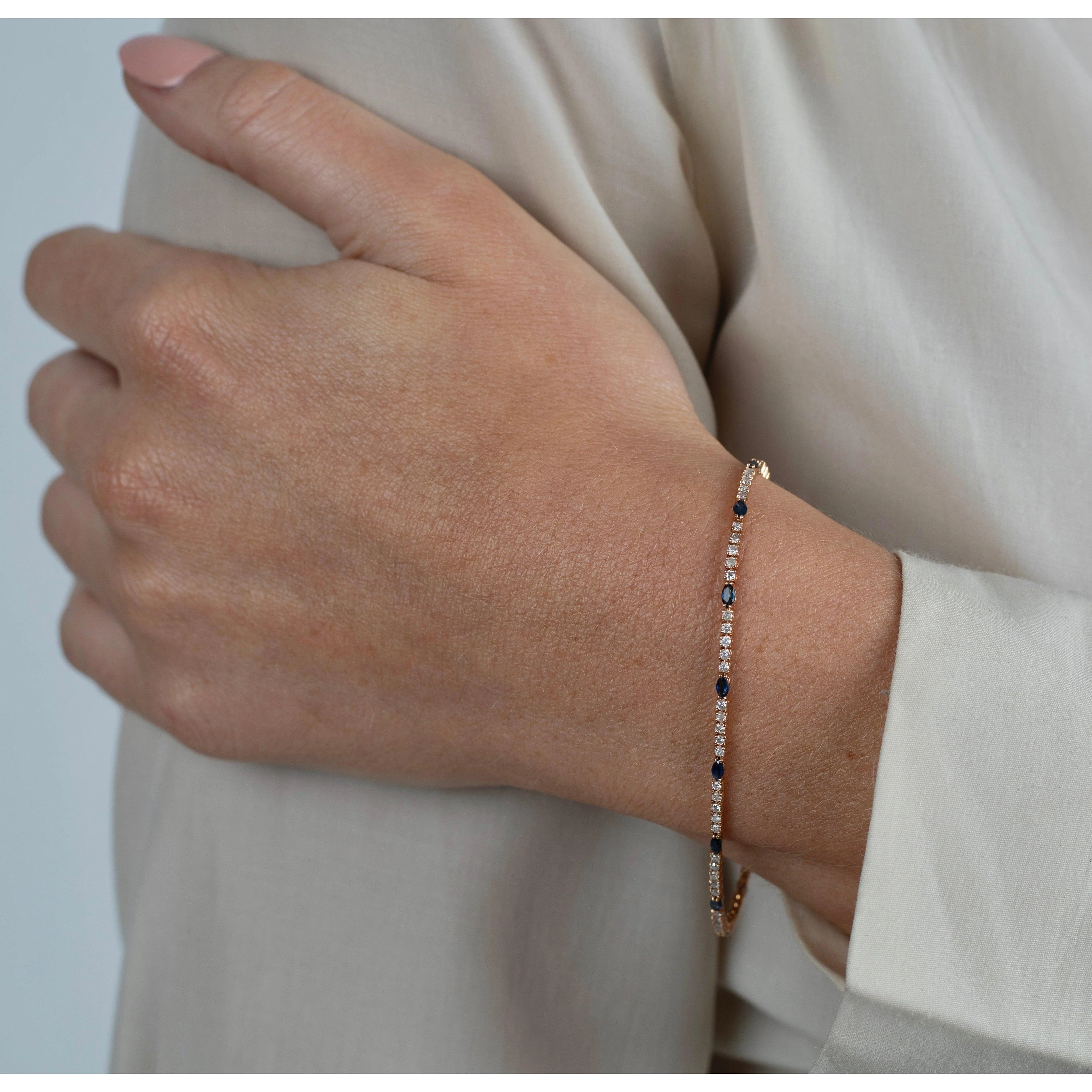 Natural Marquise Blue Sapphire & Diamond Tennis Bracelet in 18k Rose Gold - Image 4