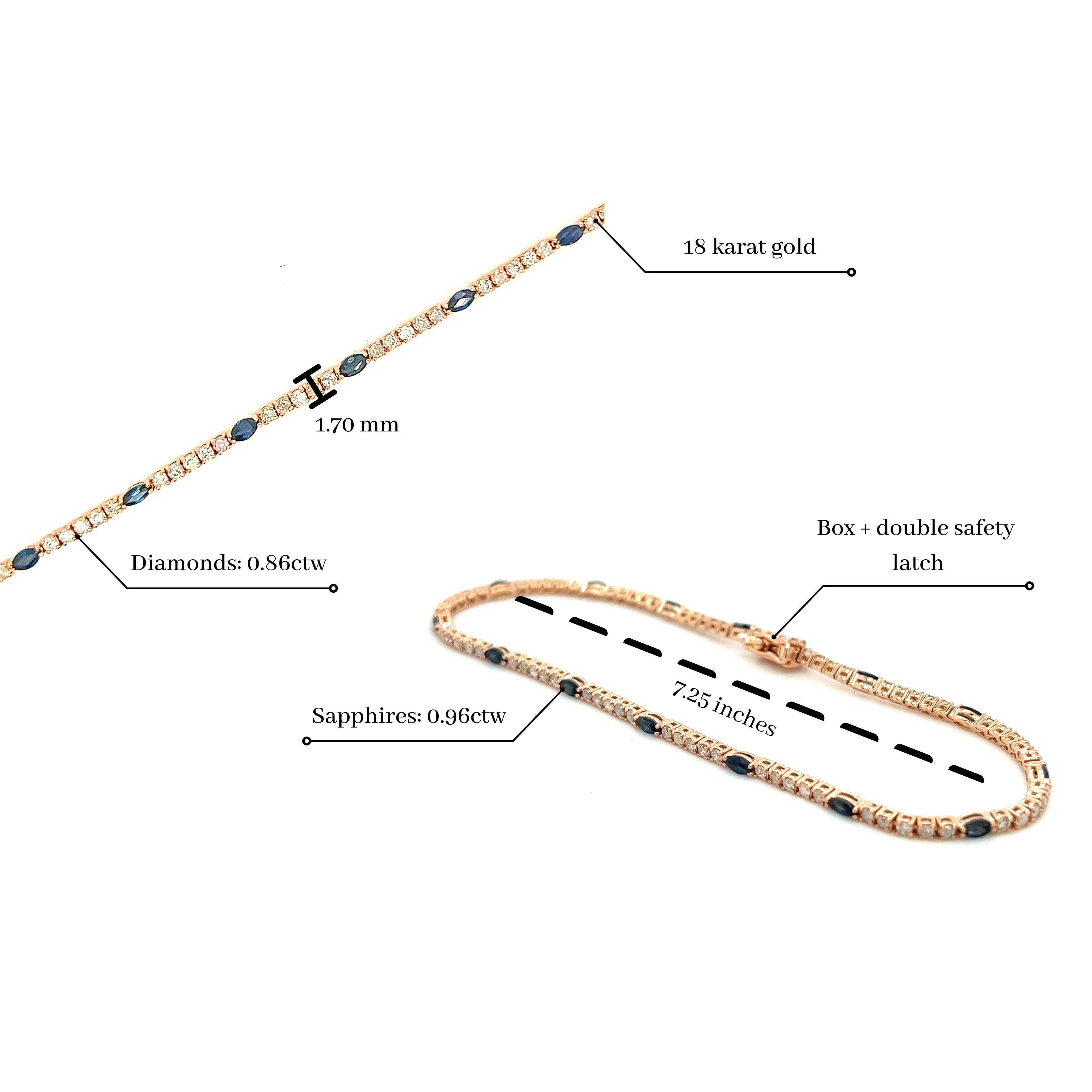 Natural Marquise Blue Sapphire & Diamond Tennis Bracelet in 18k Rose Gold - Image 6