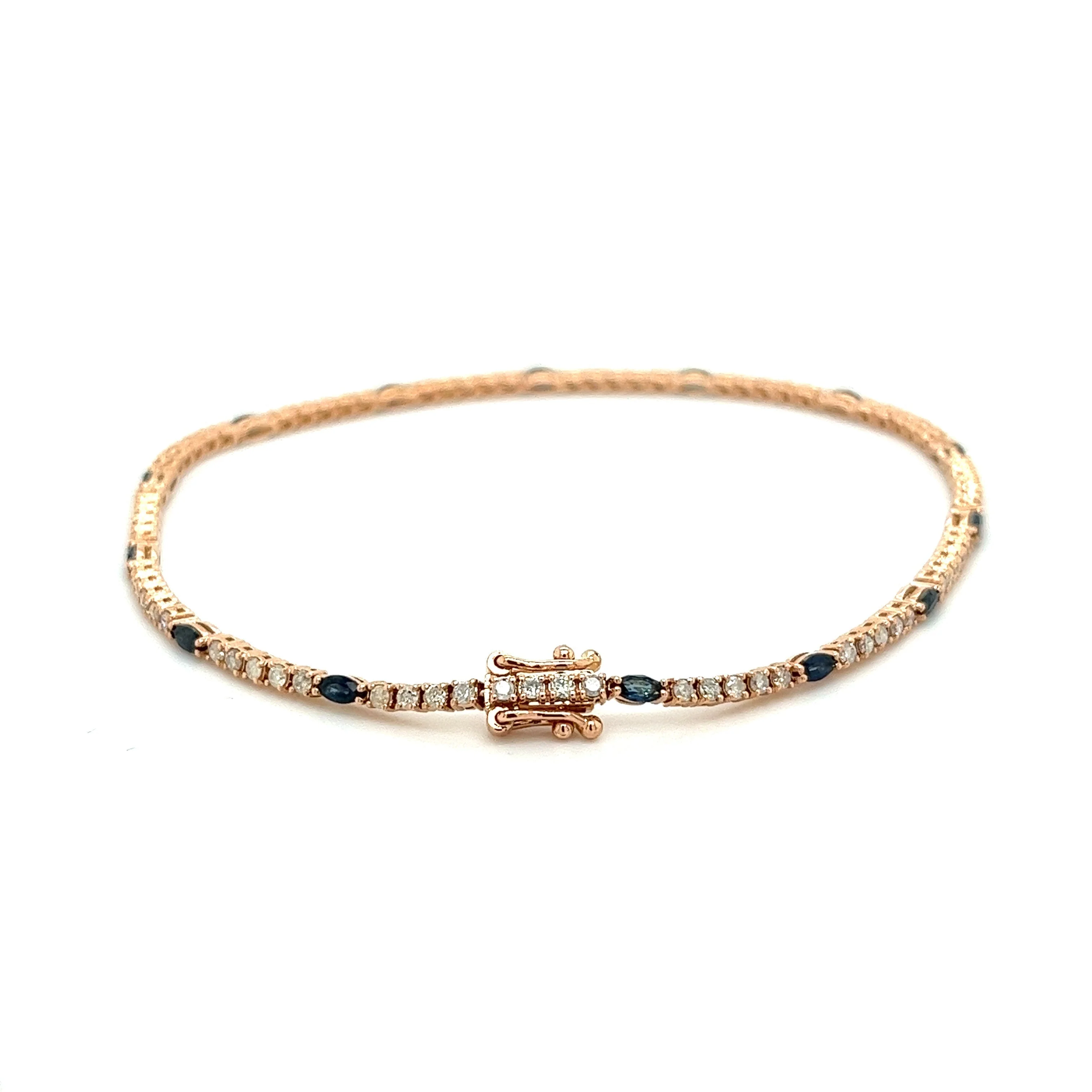 Natural Marquise Blue Sapphire & Diamond Tennis Bracelet in 18k Rose Gold - Image 7