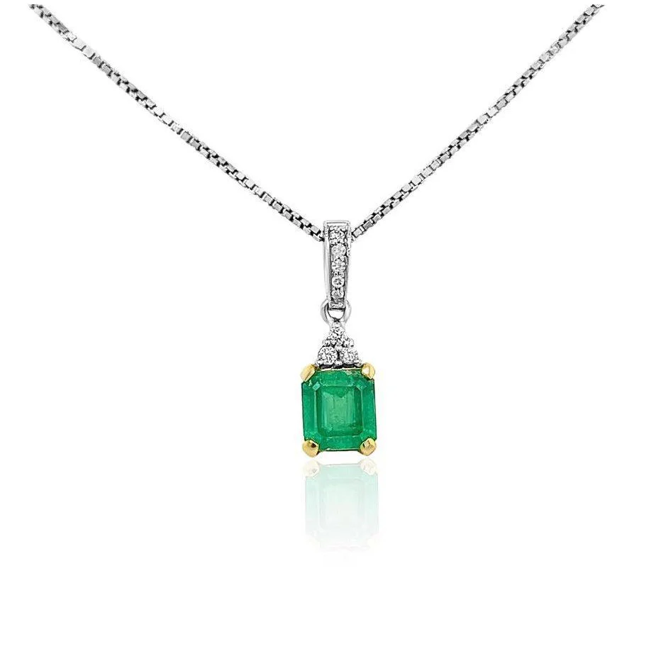 18K Solid Gold Natural Colombian Emerald and 3 Round Diamonds on Top Pendant Necklace - Image 2