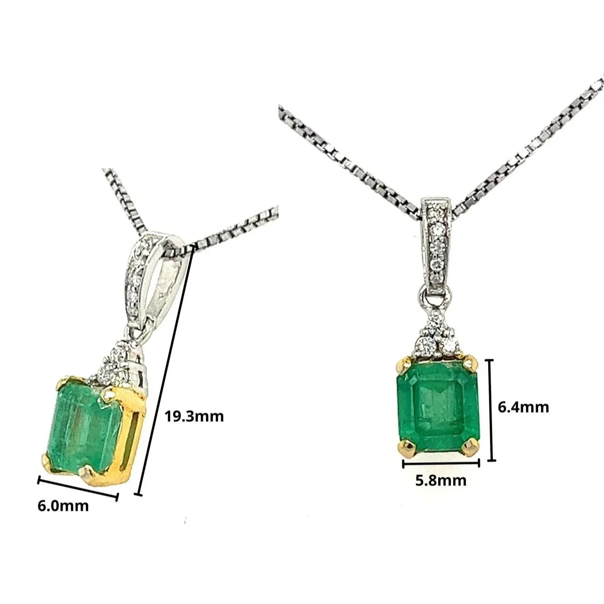 18K Solid Gold Natural Colombian Emerald and 3 Round Diamonds on Top Pendant Necklace - Image 5