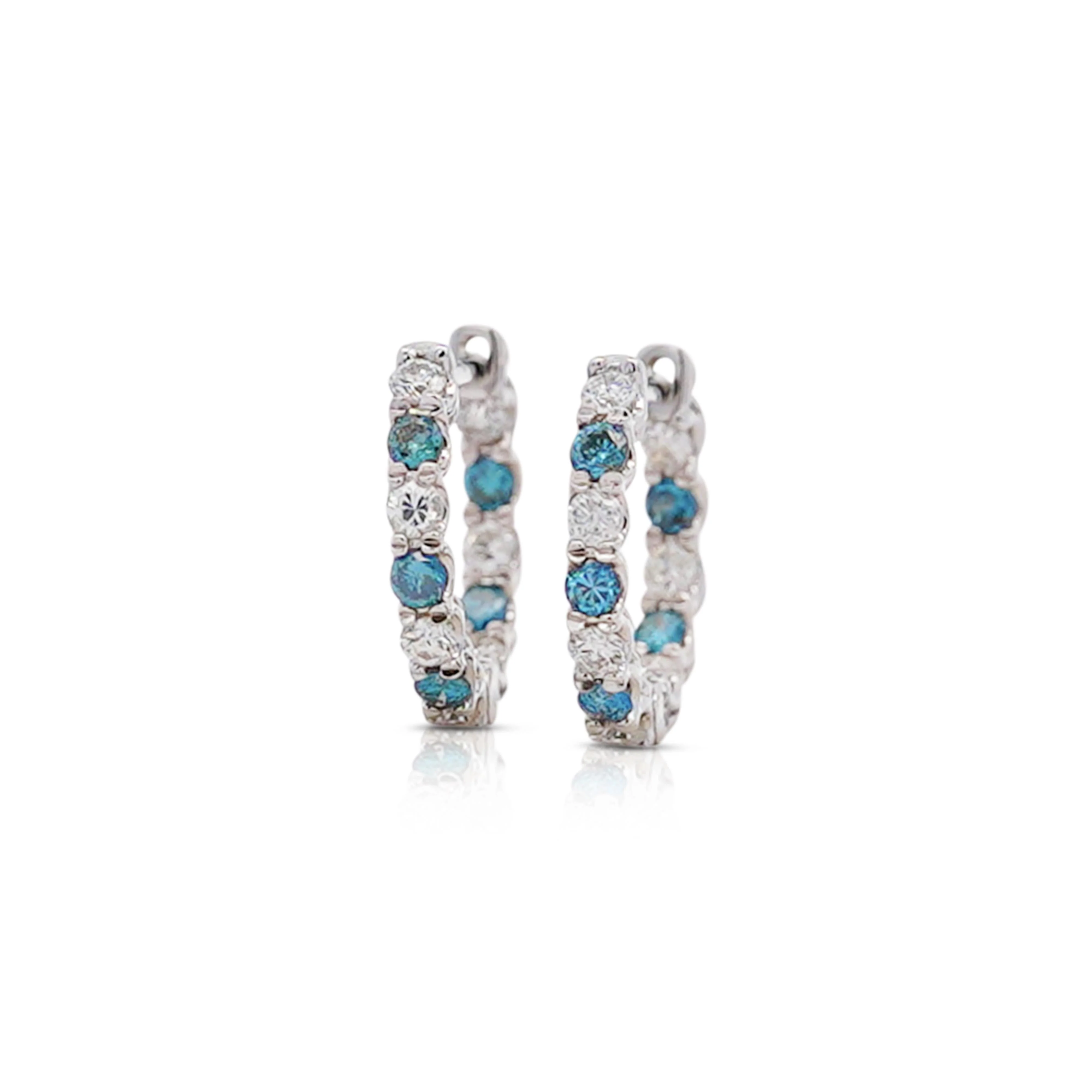 18K White Gold 0.50 CT Blue & White Diamond Inside Out Huggie Hoop Earrings - Image 3
