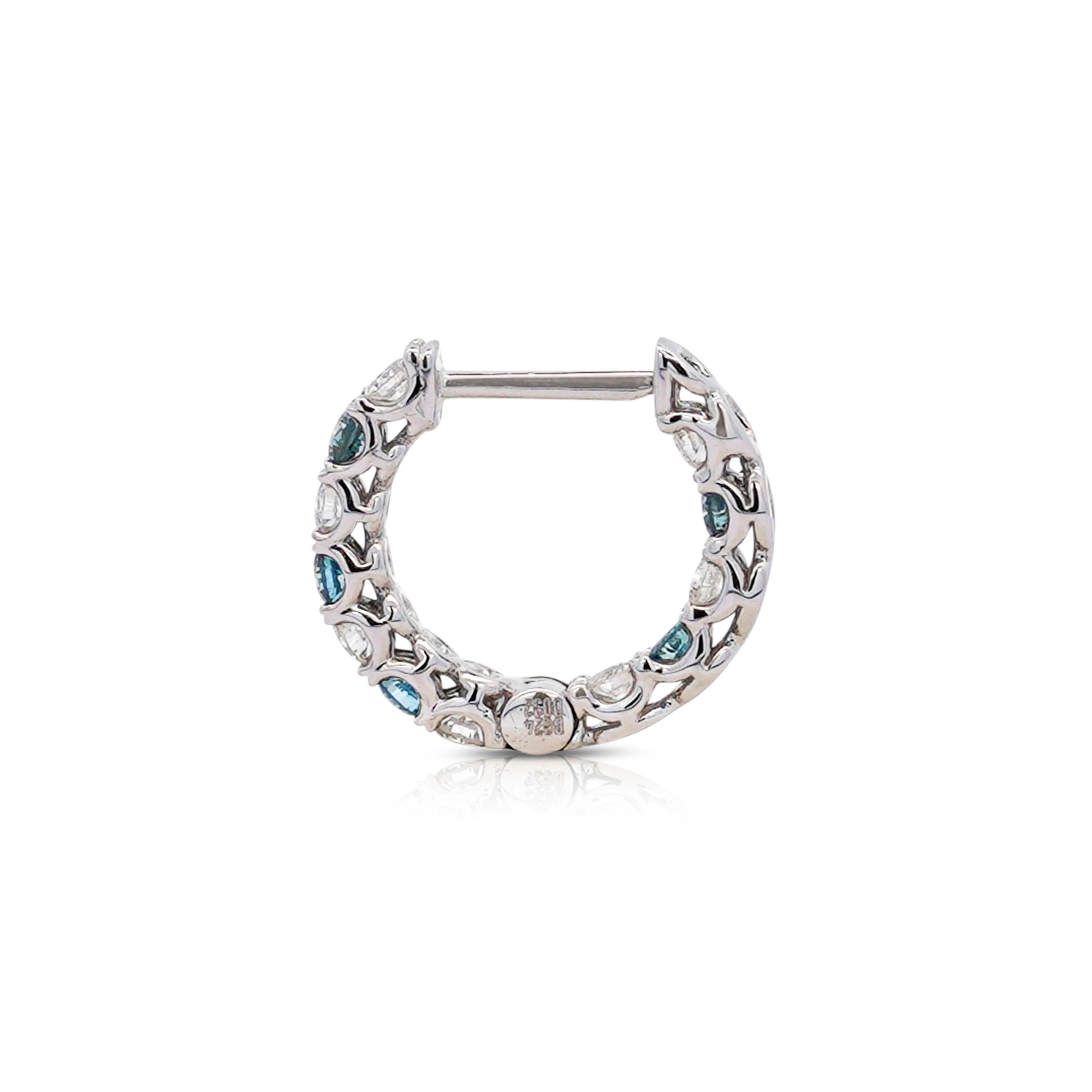 18K White Gold 0.50 CT Blue & White Diamond Inside Out Huggie Hoop Earrings - Image 5