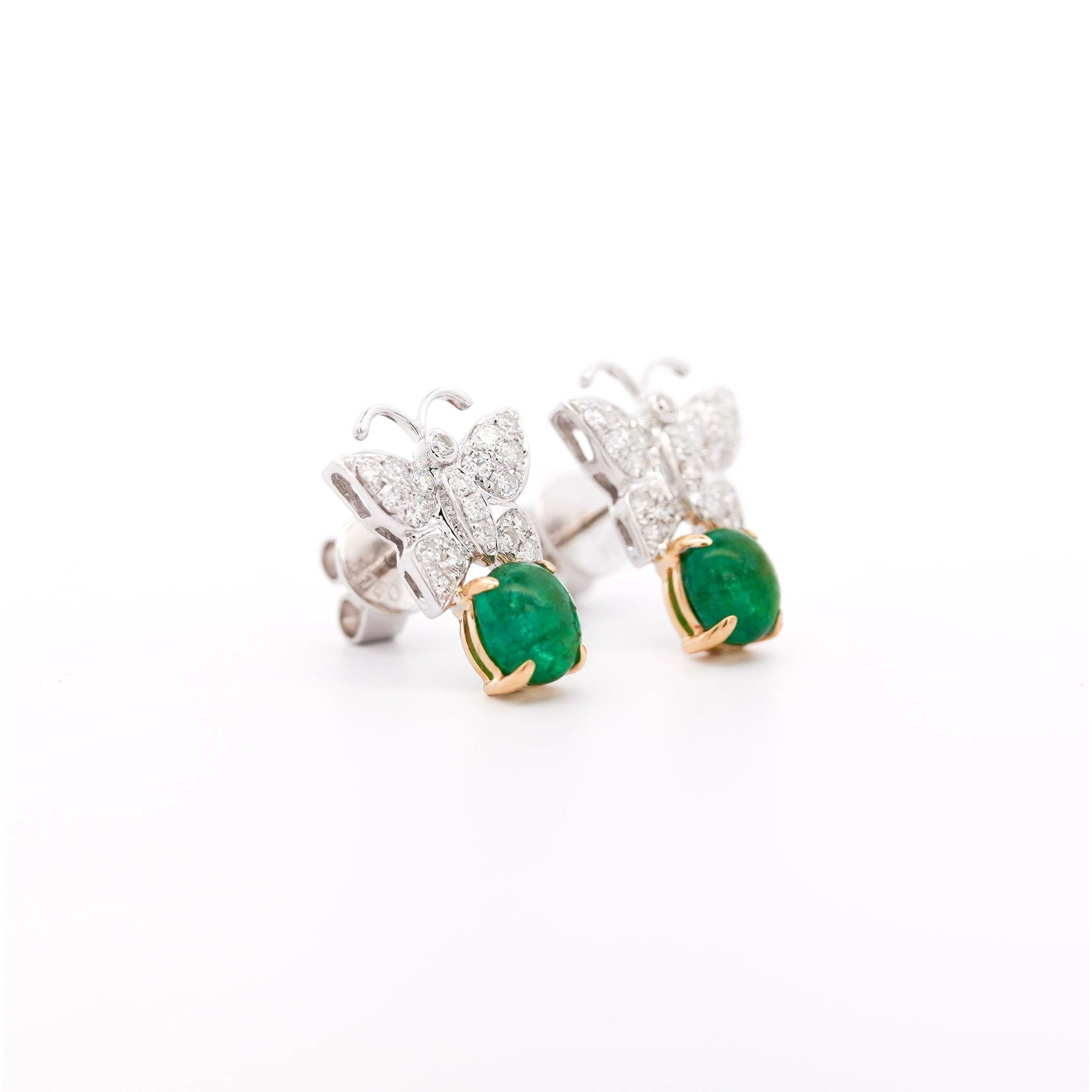 18K White Gold 2 Carat Cabochon Emerald and Diamond Butterfly Drops Earrings - Image 4