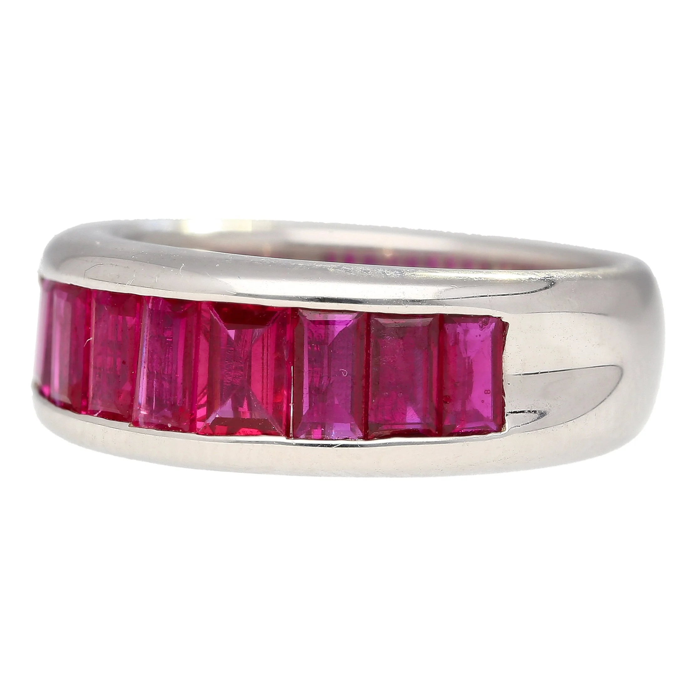 18K White Gold Channel Set Natural Baguette Cut 1-Row Ruby Band Ring - Image 4
