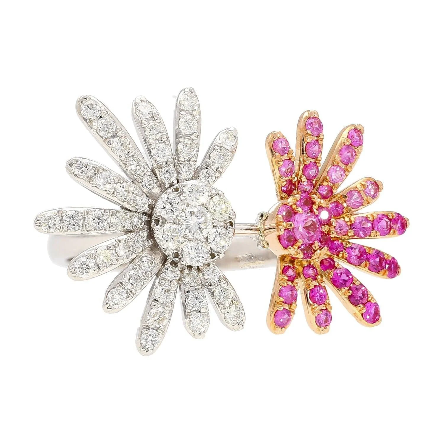 Pink Sapphire and Diamond Flower Motif Open Toi Et Moi Ring in 18K White Gold - Image 6