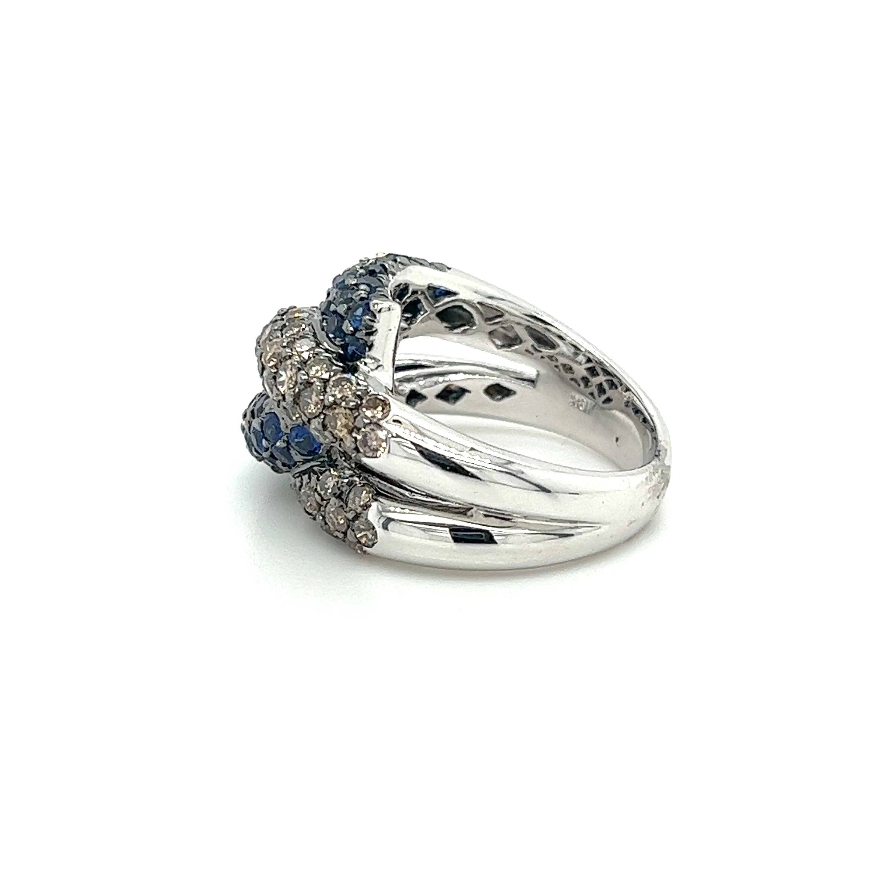 18K White Gold Natural Round Blue Sapphire and Brown Diamond 4 Row Pave Cluster Ring - Image 3