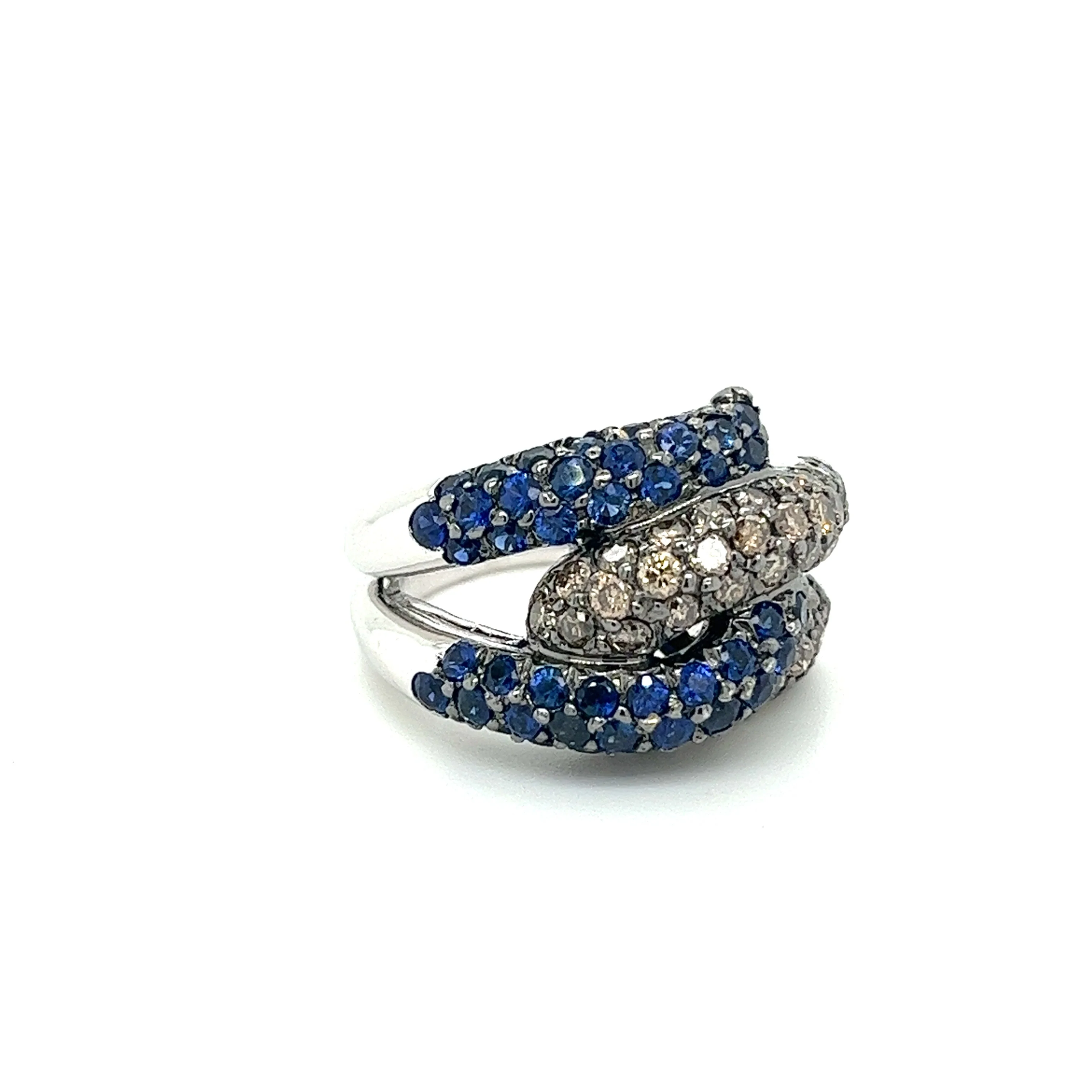 18K White Gold Natural Round Blue Sapphire and Brown Diamond 4 Row Pave Cluster Ring - Image 4