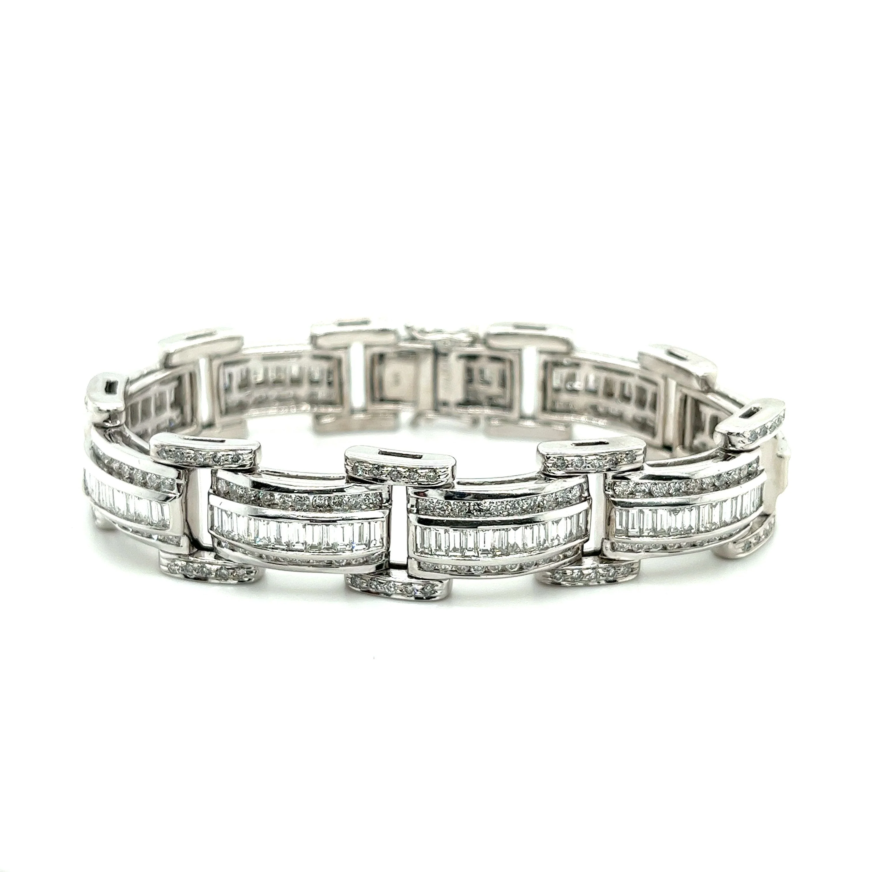 18K White Gold Unisex 12.72 CT TW Channel Set Baguette & Round Diamond Encrusted Bracelet - Image 6