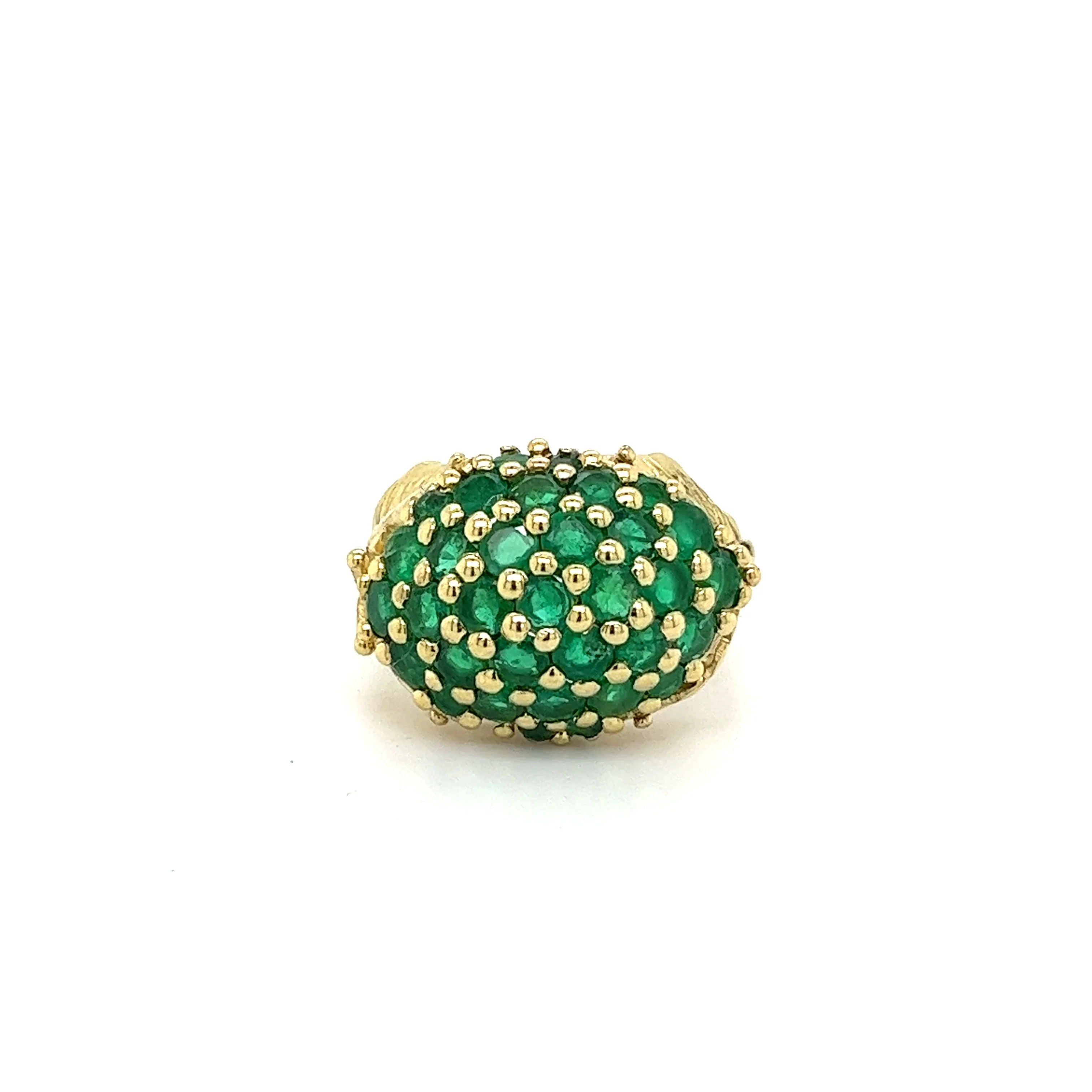 18K Yellow Gold Round Natural Emerald Gemstone Cluster Dome Ring - Image 2