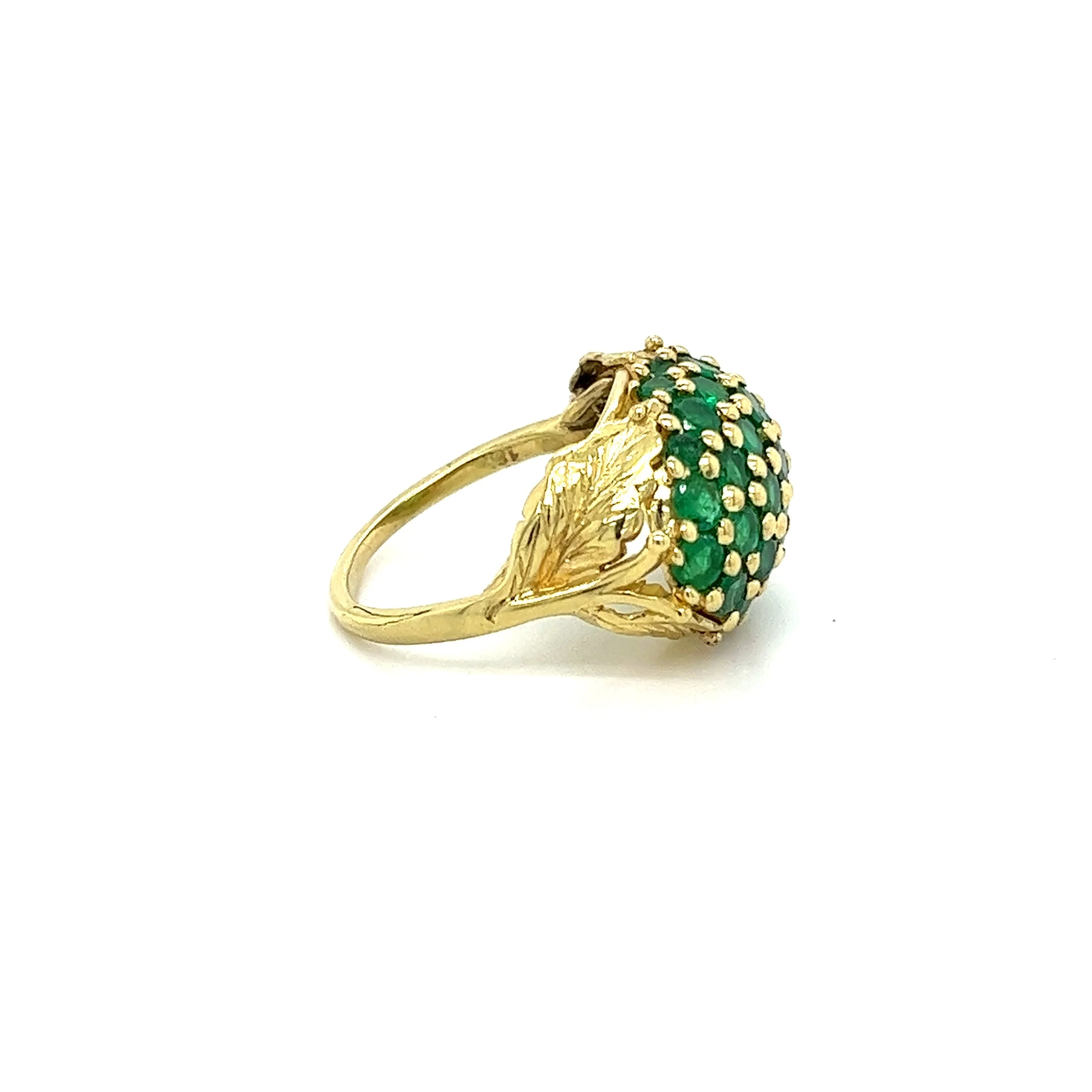 18K Yellow Gold Round Natural Emerald Gemstone Cluster Dome Ring - Image 3