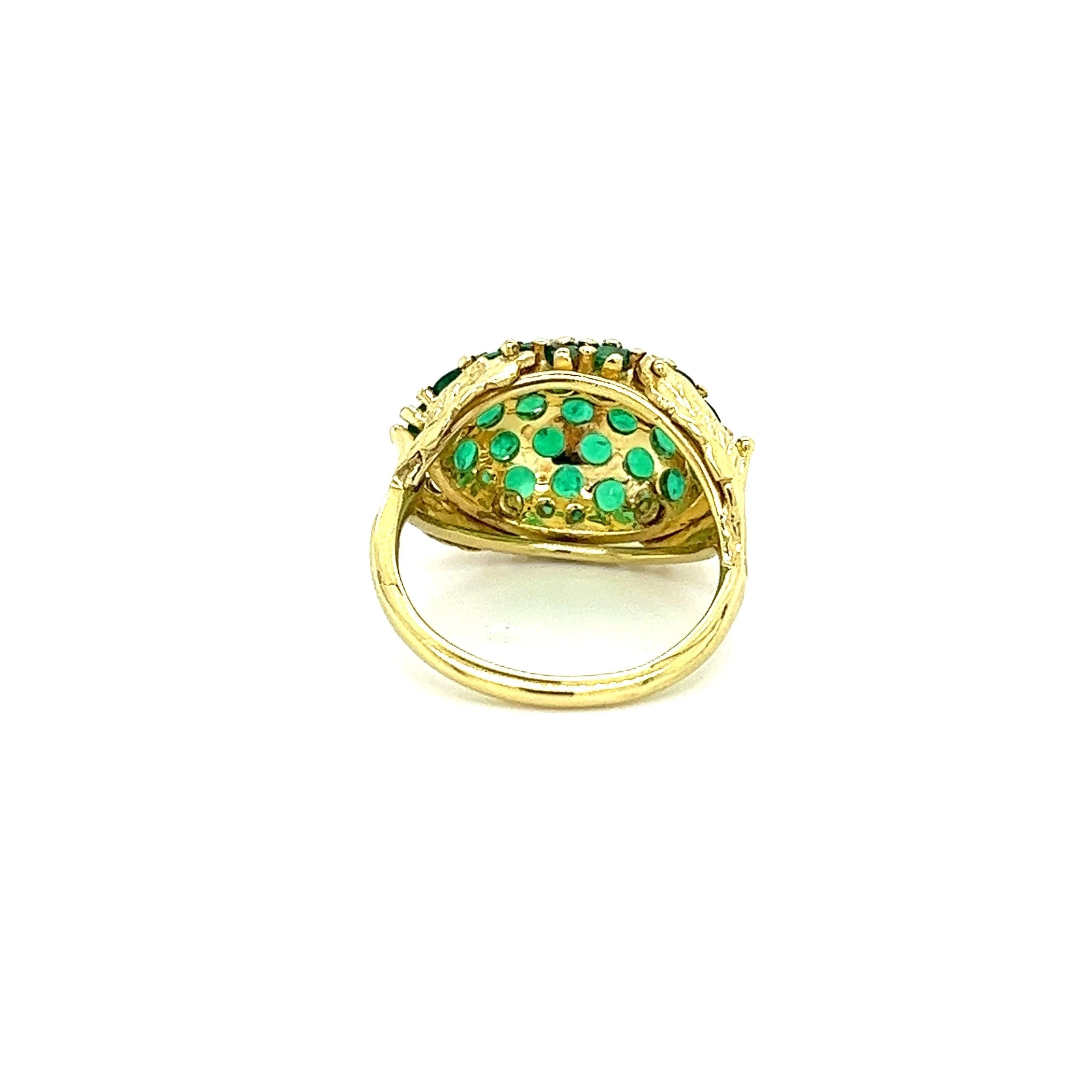18K Yellow Gold Round Natural Emerald Gemstone Cluster Dome Ring - Image 4