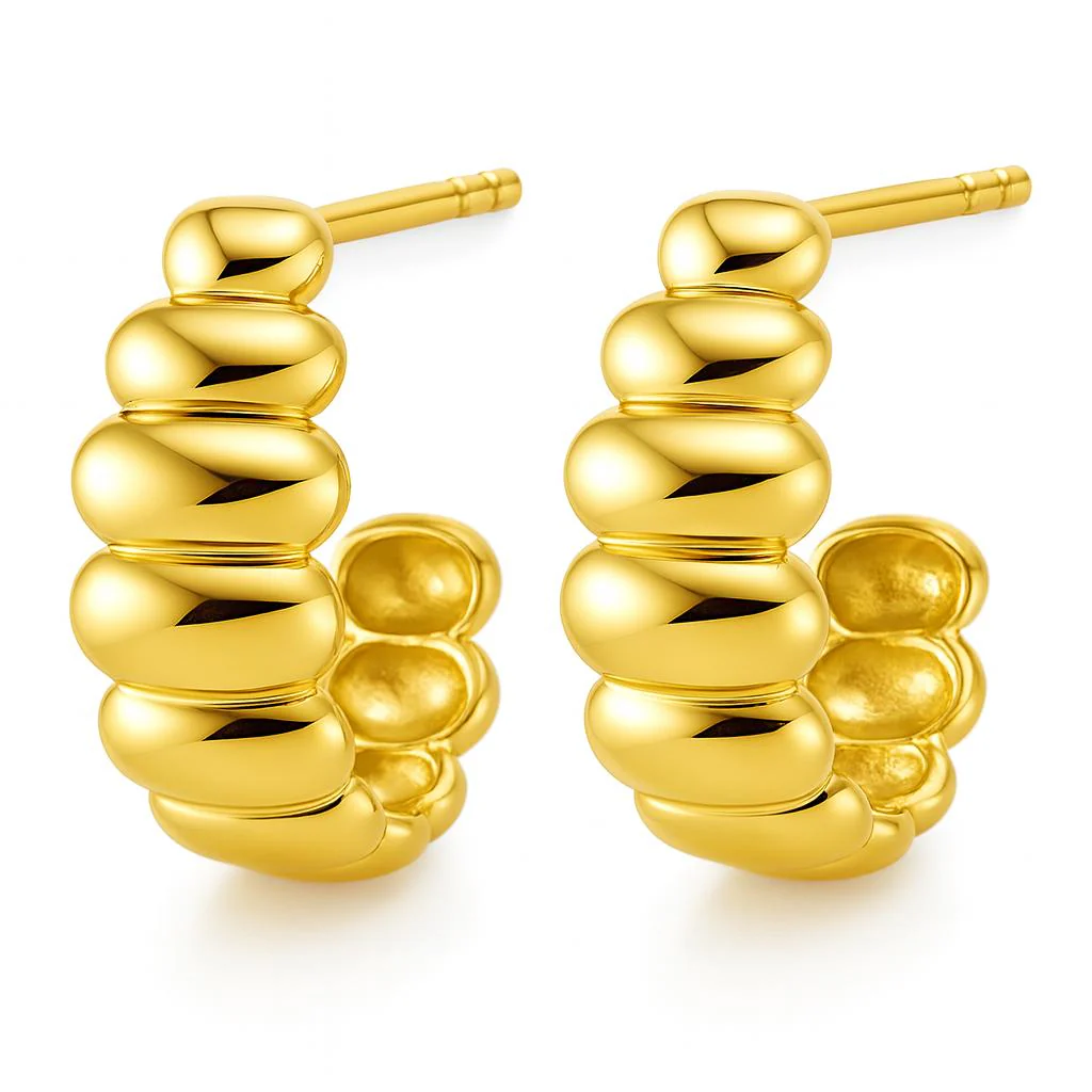 18MM J-Hoop Ribbed and Grooved 14K Gold Earrings - Image 2
