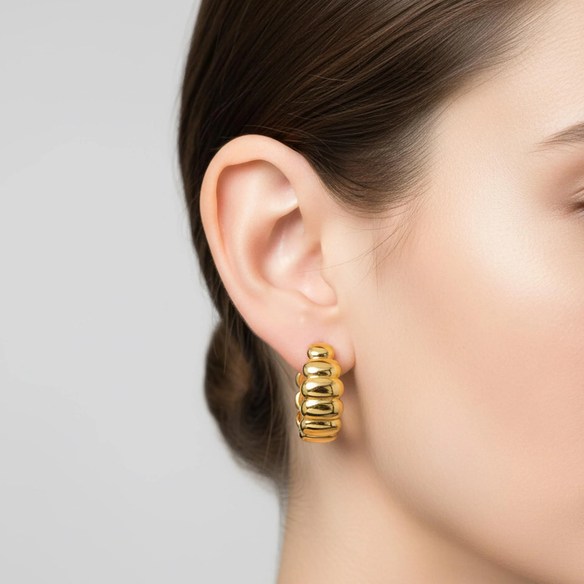 18MM J-Hoop Ribbed and Grooved 14K Gold Earrings - Image 5