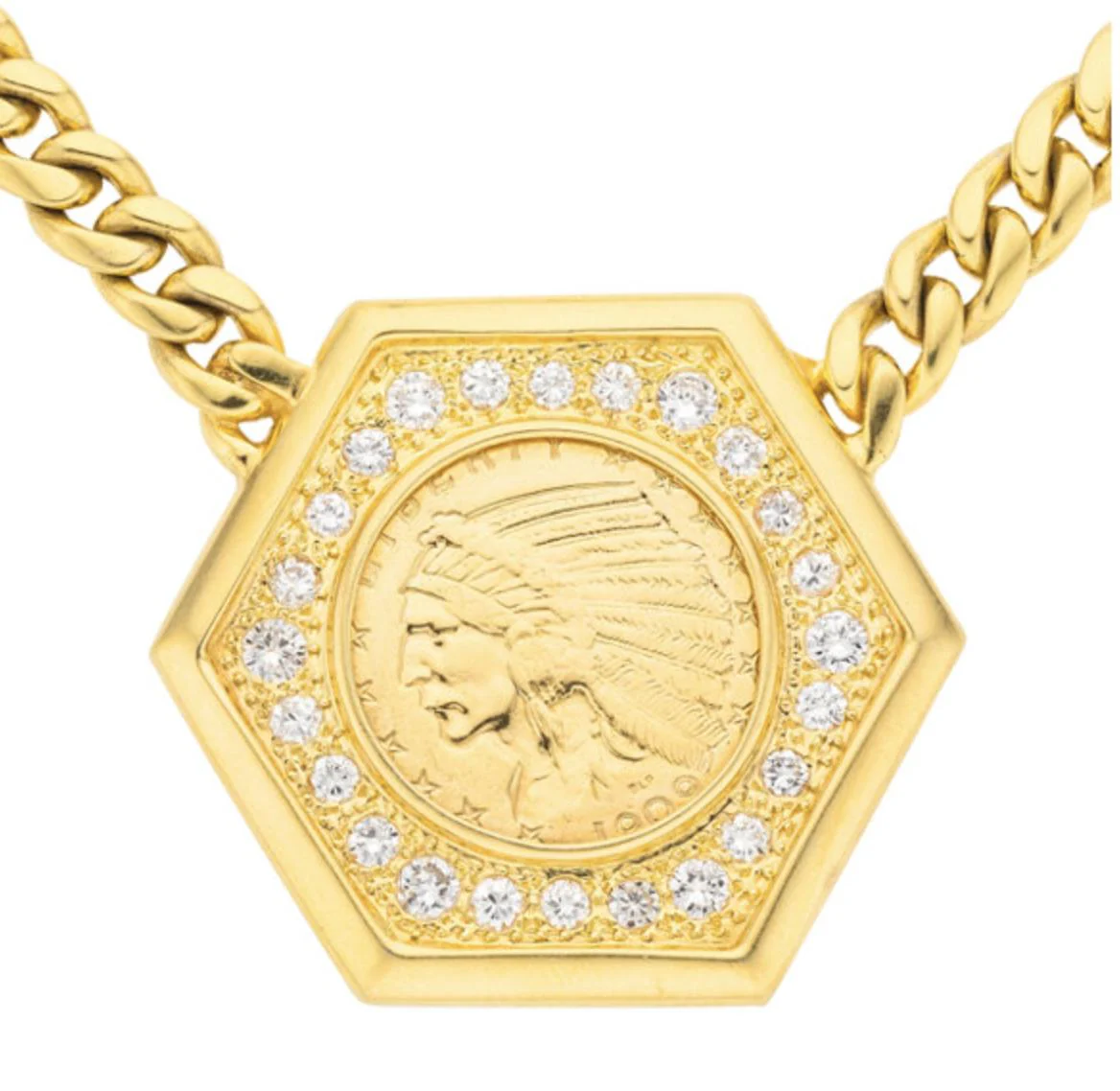 1909 US Indian Head $5 Gold Coin Pendant Necklace, 14K Gold with Diamonds - Image 3