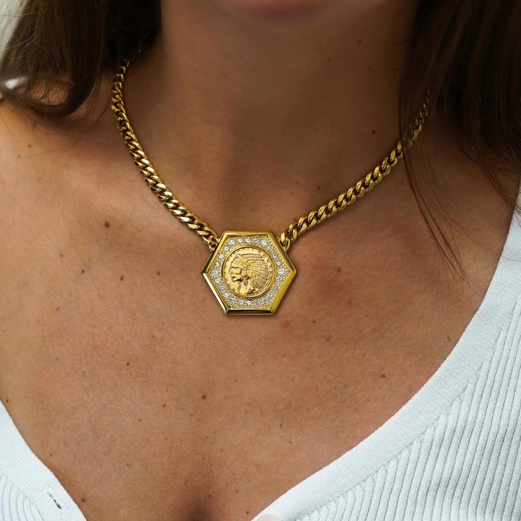 1909 US Indian Head $5 Gold Coin Pendant Necklace, 14K Gold with Diamonds - Image 4