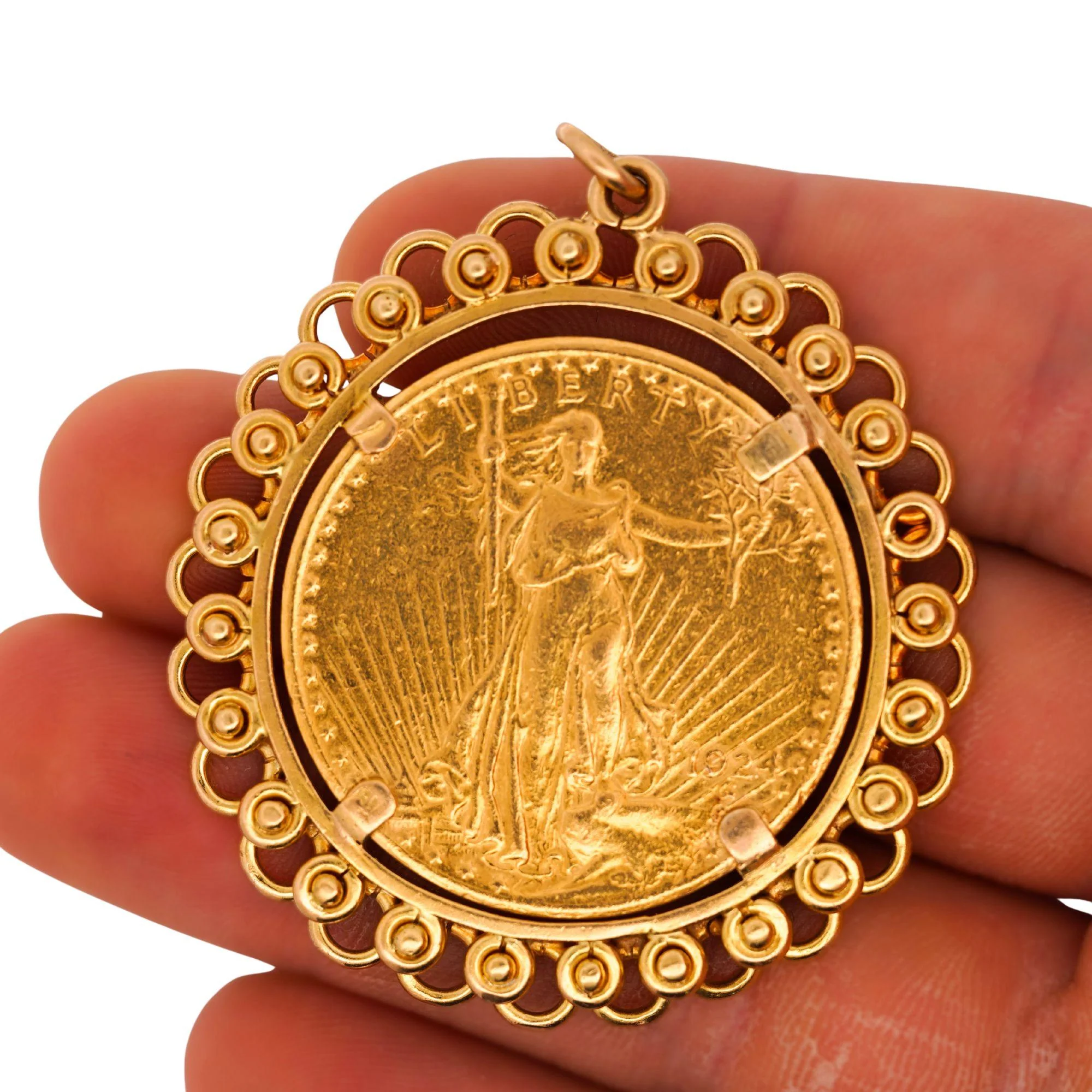1924 Lady Liberty USA 20 Dollar Coin Bezel in 14K Yellow Gold Pendant - Image 2
