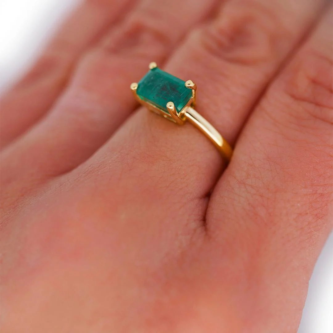 2.09 Carat East West Emerald Cut Green Emerald Solitaire 14K Gold Ring - Image 10