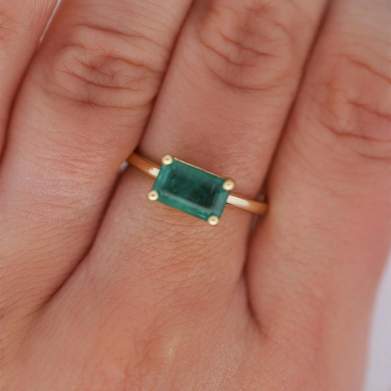 2.09 Carat East West Emerald Cut Green Emerald Solitaire 14K Gold Ring - Image 2