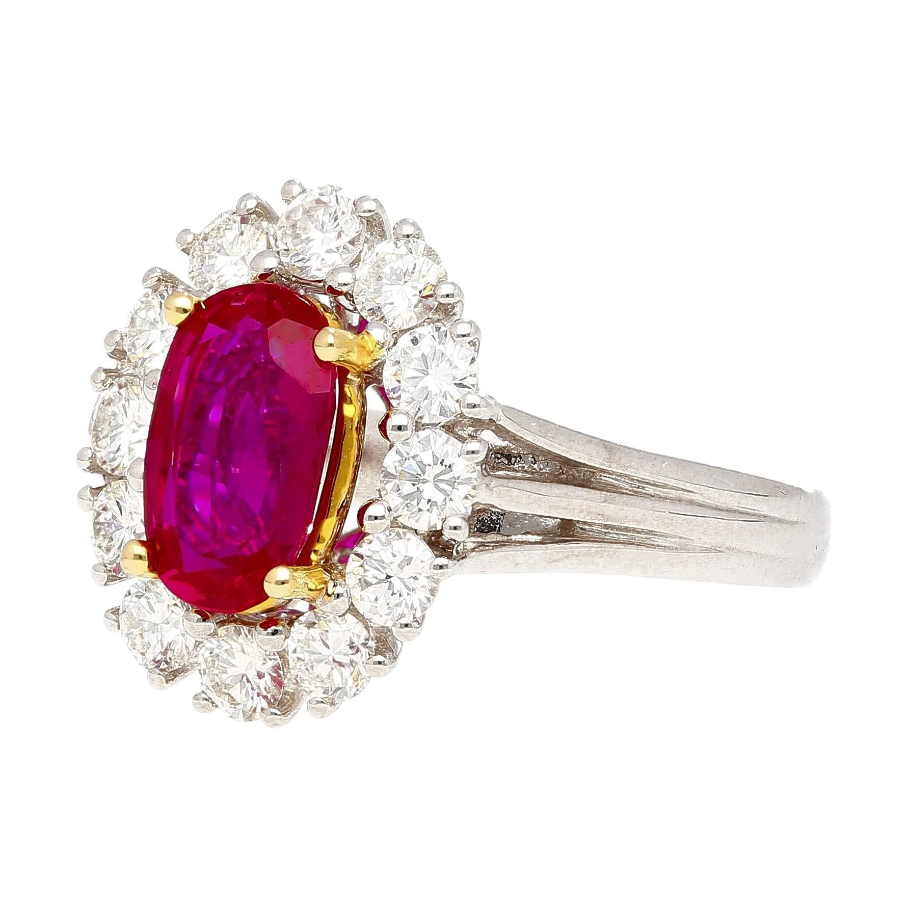 2.09 Carat Oval Cut Burma Ruby No Heat GRS Certified & Diamond Halo Platinum Ring - Image 2