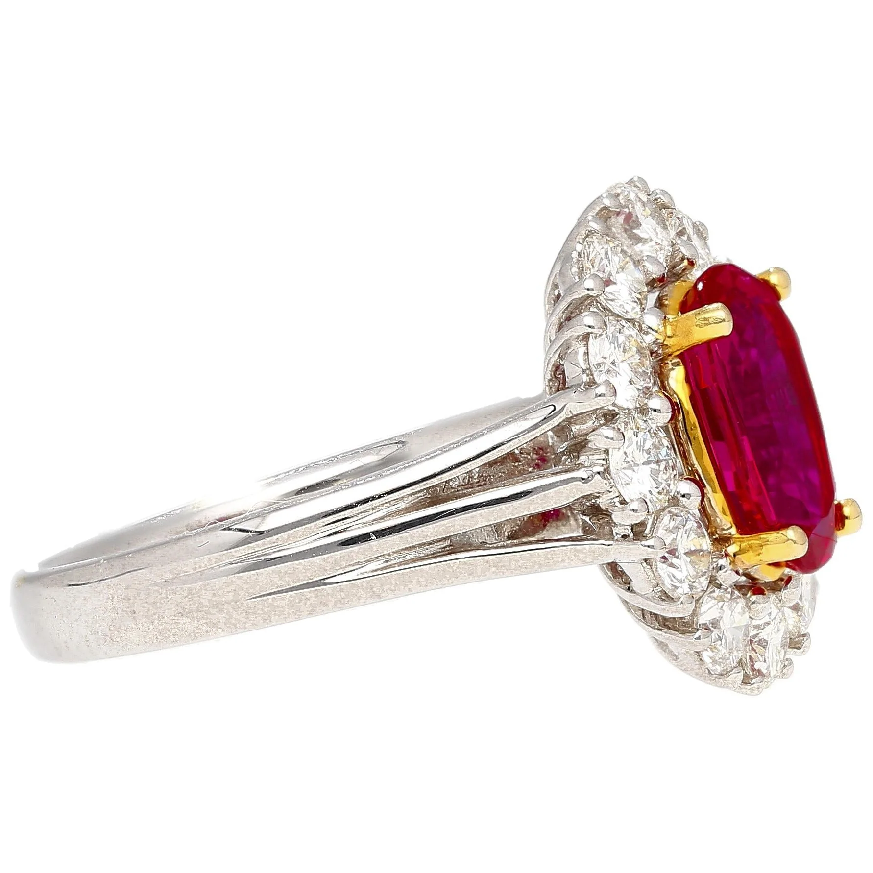 2.09 Carat Oval Cut Burma Ruby No Heat GRS Certified & Diamond Halo Platinum Ring - Image 3