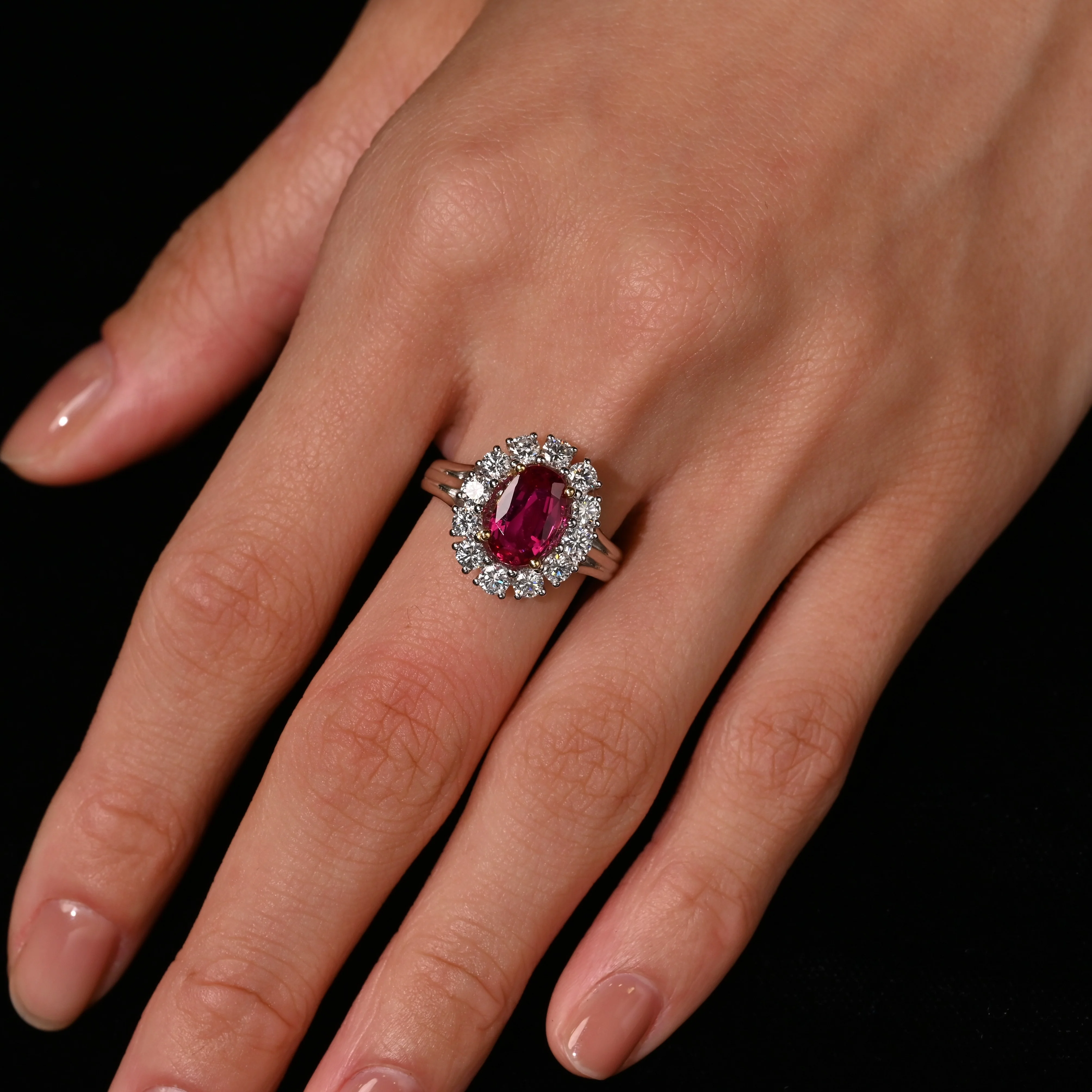 2.09 Carat Oval Cut Burma Ruby No Heat GRS Certified & Diamond Halo Platinum Ring - Image 7