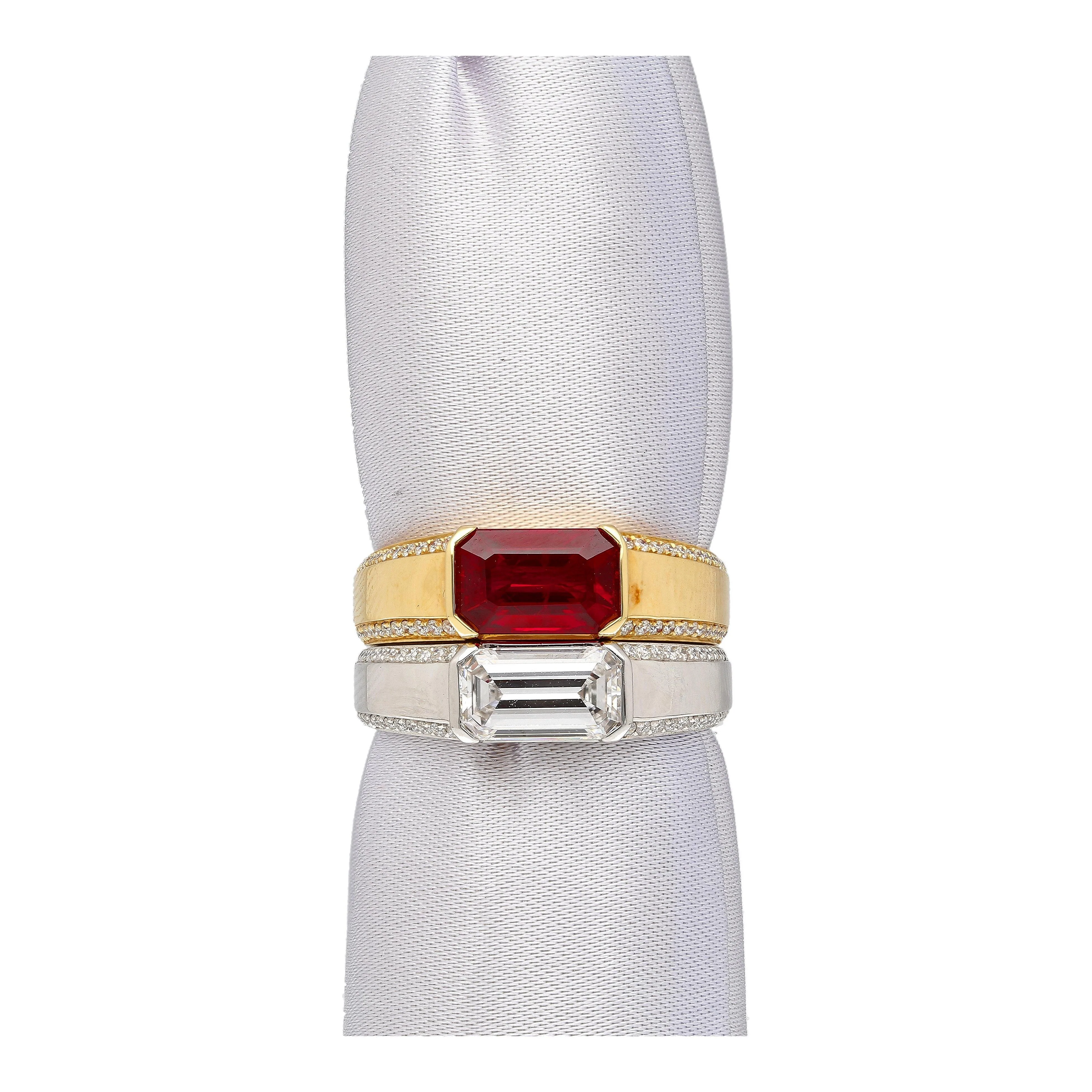 2.09 Carat Vivid Red Pigeon's Blood Burma Ruby Emerald Cut East-West Ring - Image 10