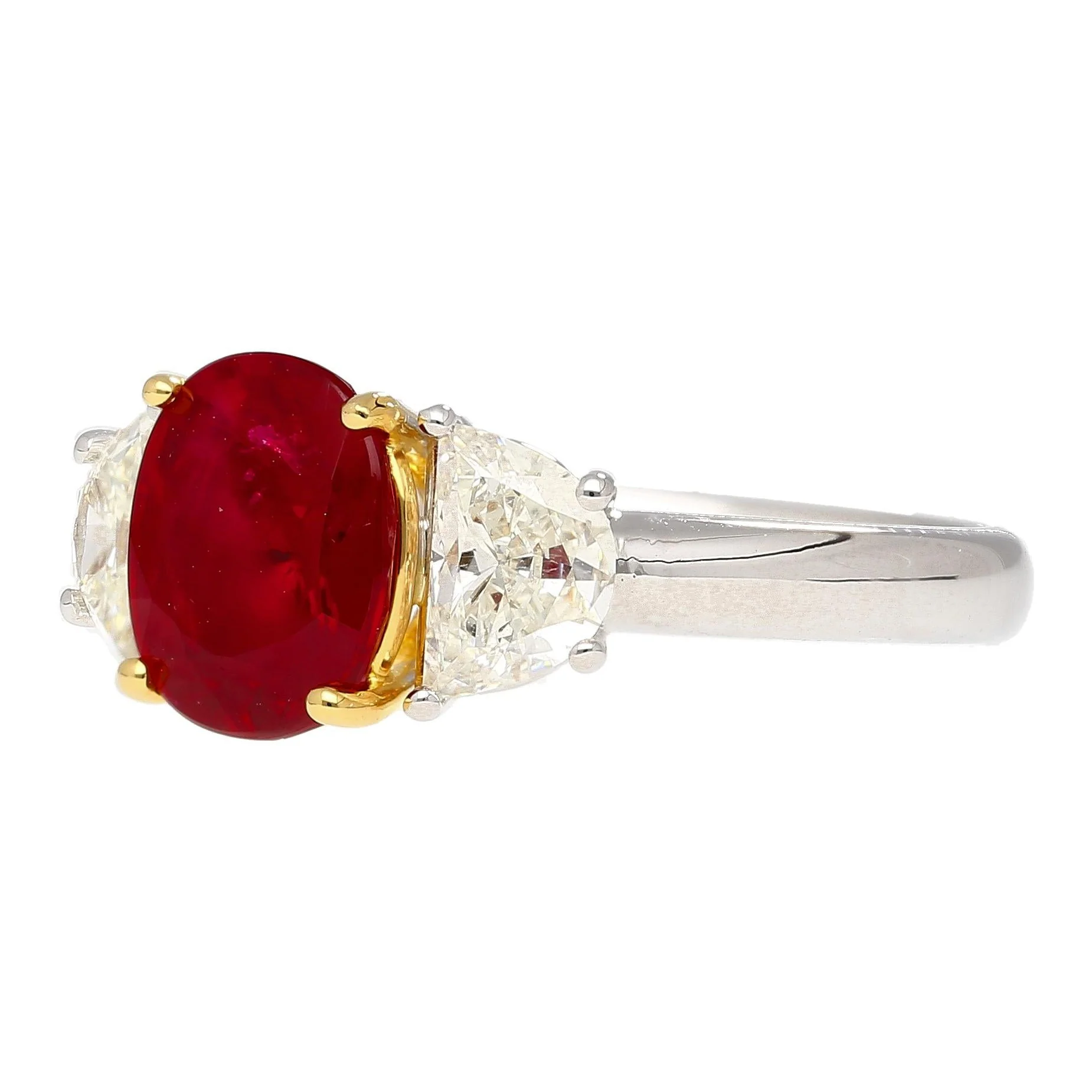 2.19 Carat No Heat Burma Ruby & Trapezoid Diamond 3 Stone Ring - Image 2