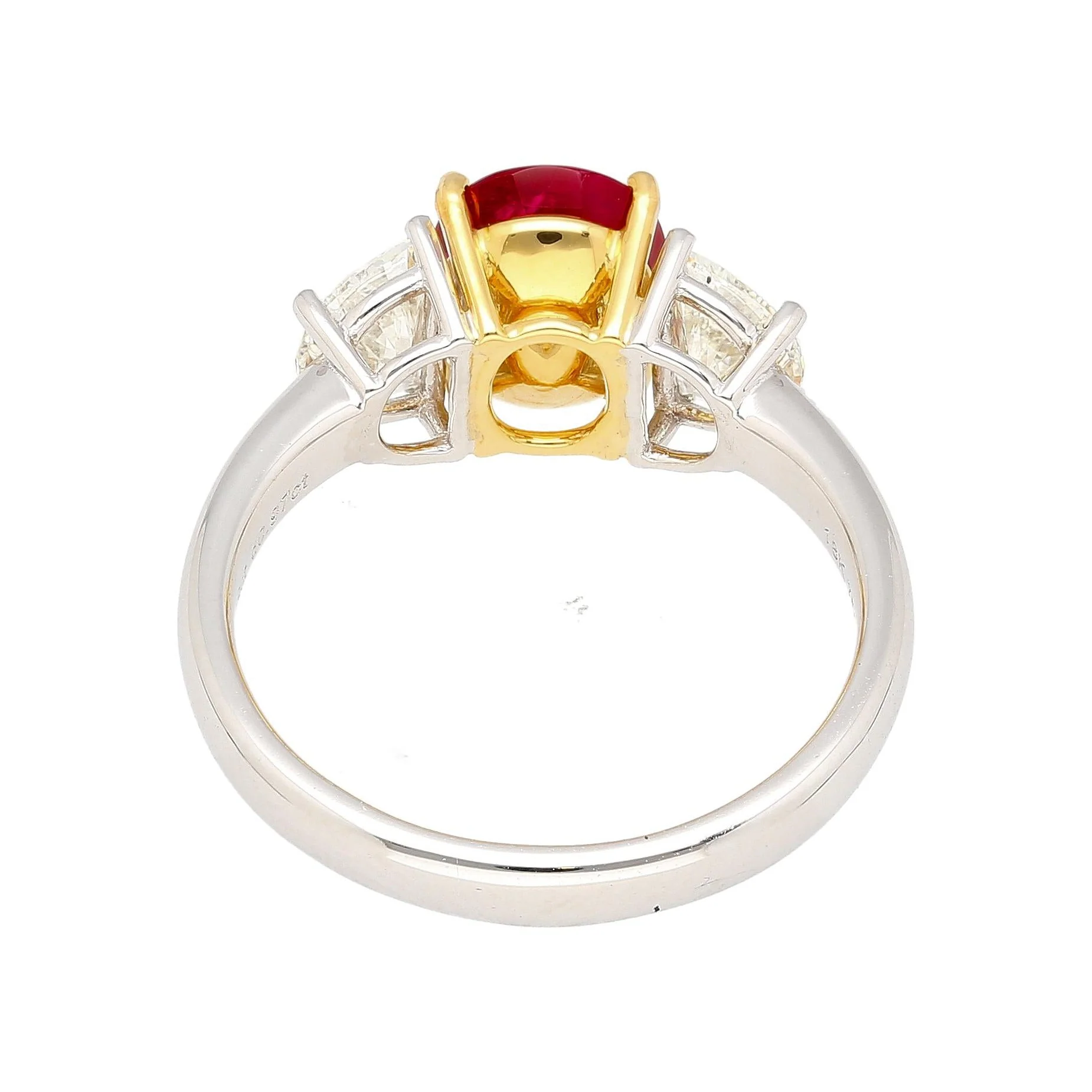 2.19 Carat No Heat Burma Ruby & Trapezoid Diamond 3 Stone Ring - Image 4